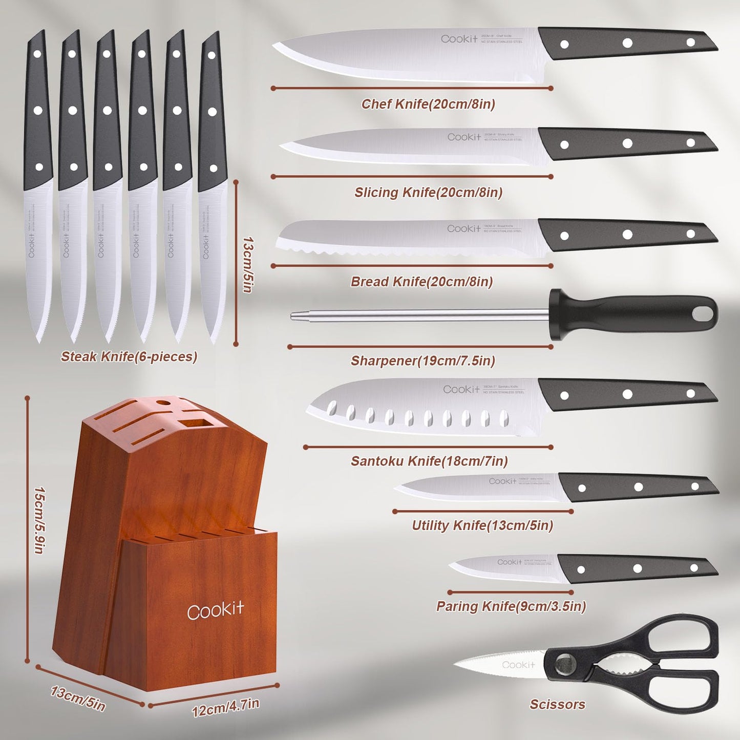 Knife Set with Block, Cookit 15 Pieces Kitchen Knife Set with Pine Block Holder, Knife Block Set with Sharpener, High Stainless Steel Knives with Comfortable-Grip ABS Handles