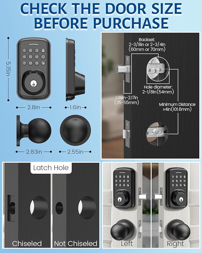 Keyless Entry Door Lock with Handle Set, Smart Door Lock with Fingerprint, 5 in 1 Unlock, Auto Lock Biometric Fingerprint Door Lock for Front Door, Easy Installation (Black)