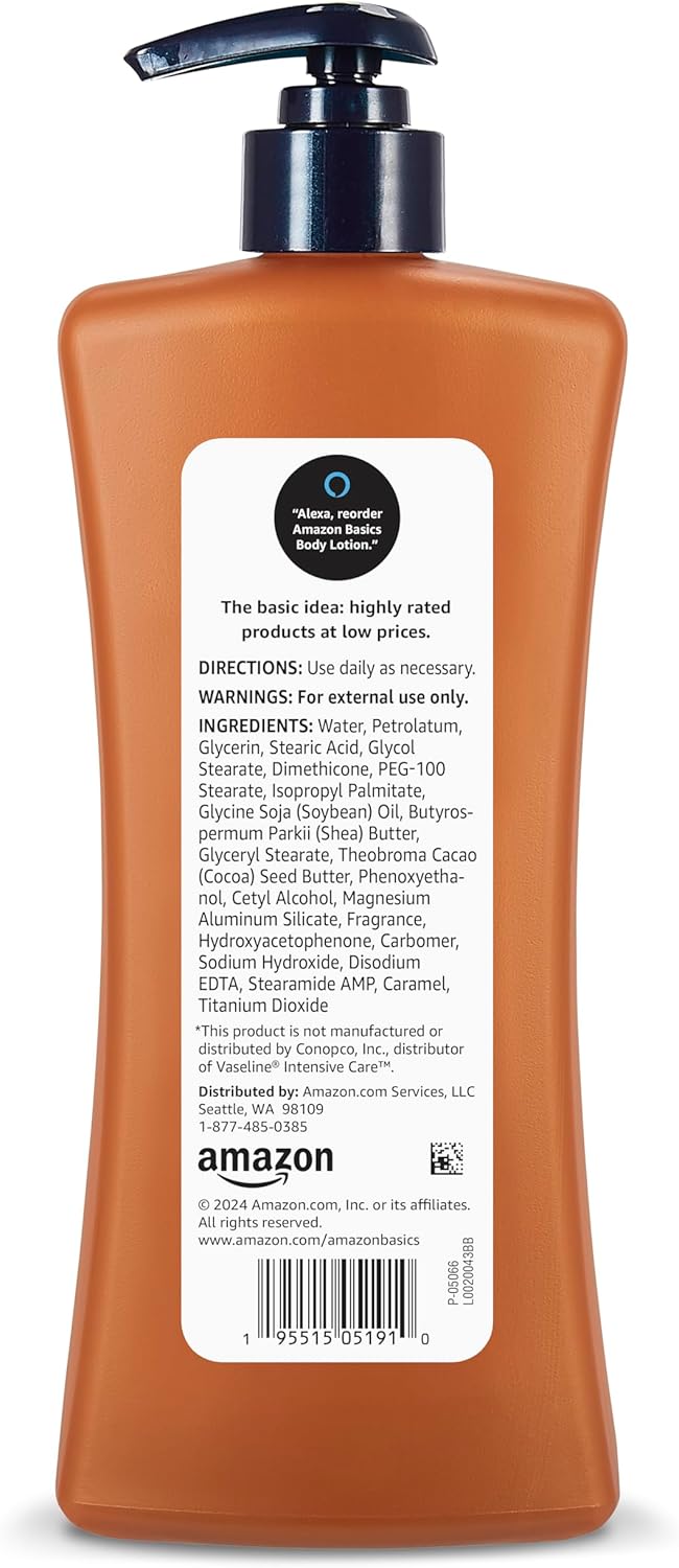 Amazon Basics Moisturizing Cocoa Butter Body Lotion for Dry Skin, Non-Greasy, Paraben Free, Lightly Scented, 20.3 Fl Oz, Pack of 1
