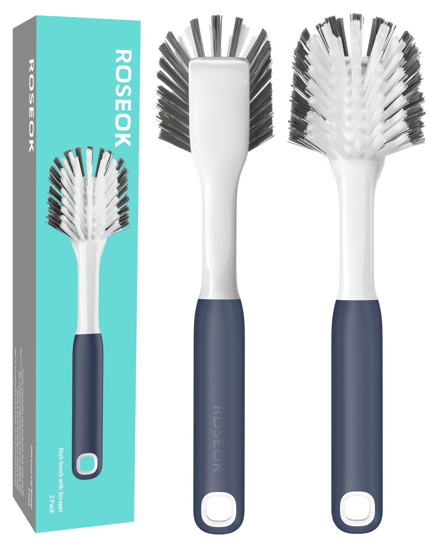 ROSEOK Dish Brush with Built-in Scraper,Kitchen Scrub Brush for Cleaning Dishes,Pots,Non-Stick Pans and Sinks,Navy Blue,2 Pack