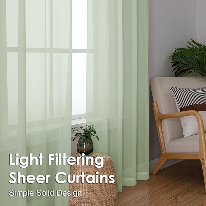 OVZME Light Green Sheer Curtains 90 Inches Long 2 Panels - Soft Light Filtering Window Sheer Panels for Living Room/Bedroom, Top Dual Rod Pocket, 1 Pair, Each 42Wx90L Inches