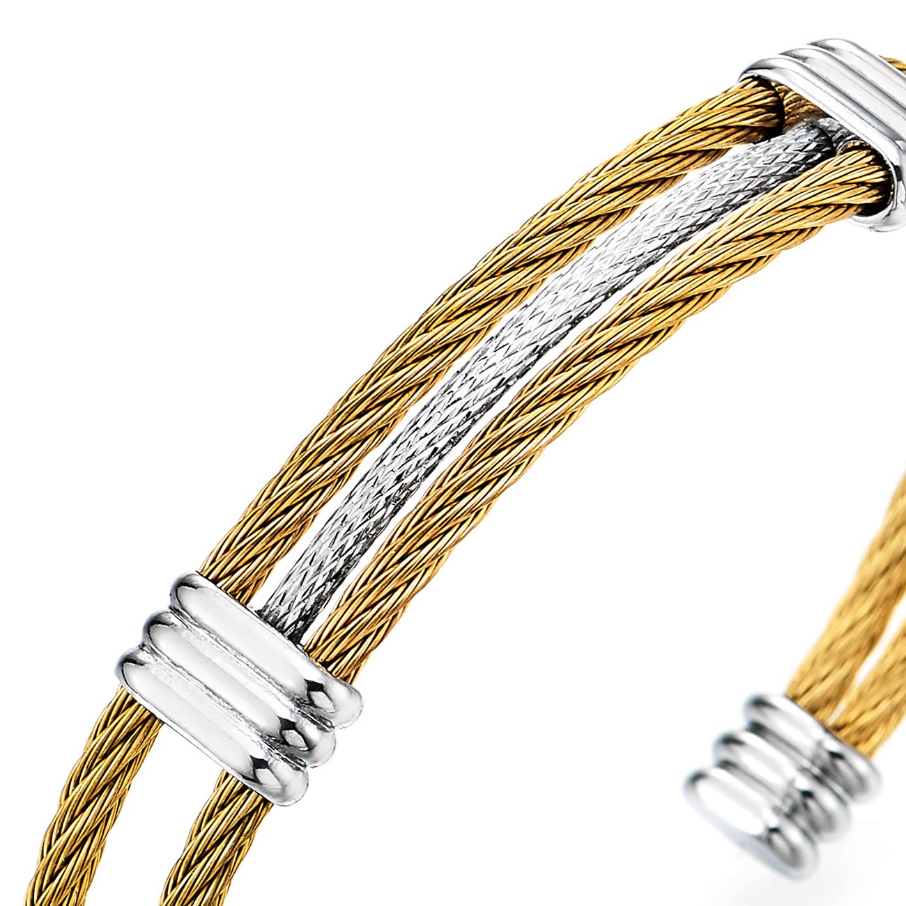 COOLSTEELANDBEYOND Men Women Stainless Steel Twisted Cable Adjustable Cuff Bangle Bracelet Silver Gold Two Tone