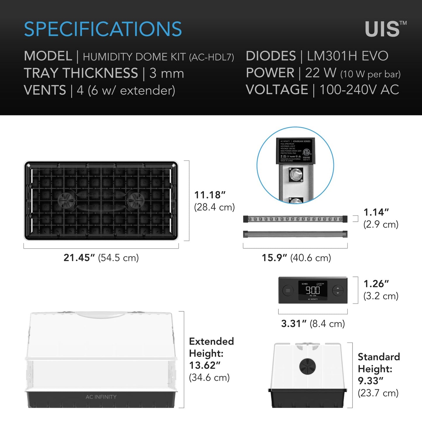 AC Infinity Heavy-Duty Large Humidity Dome w/Full Spectrum LED Grow Light Bars, Samsung LM301H EVO Diodes, 3mm Thickest Dome and 6x12 Trays, Vent Extension Panels, for Seed Starting and Propagation