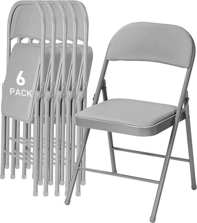 SEALAMB 6 Pack Grey Folding Chairs with Padded Seats & Cushion, Durable Metal Foldable Chairs for Wedding Party, Commercial Chairs for Office School Church Events, 330lb Capacity (Grey-PU, 6 Pack)