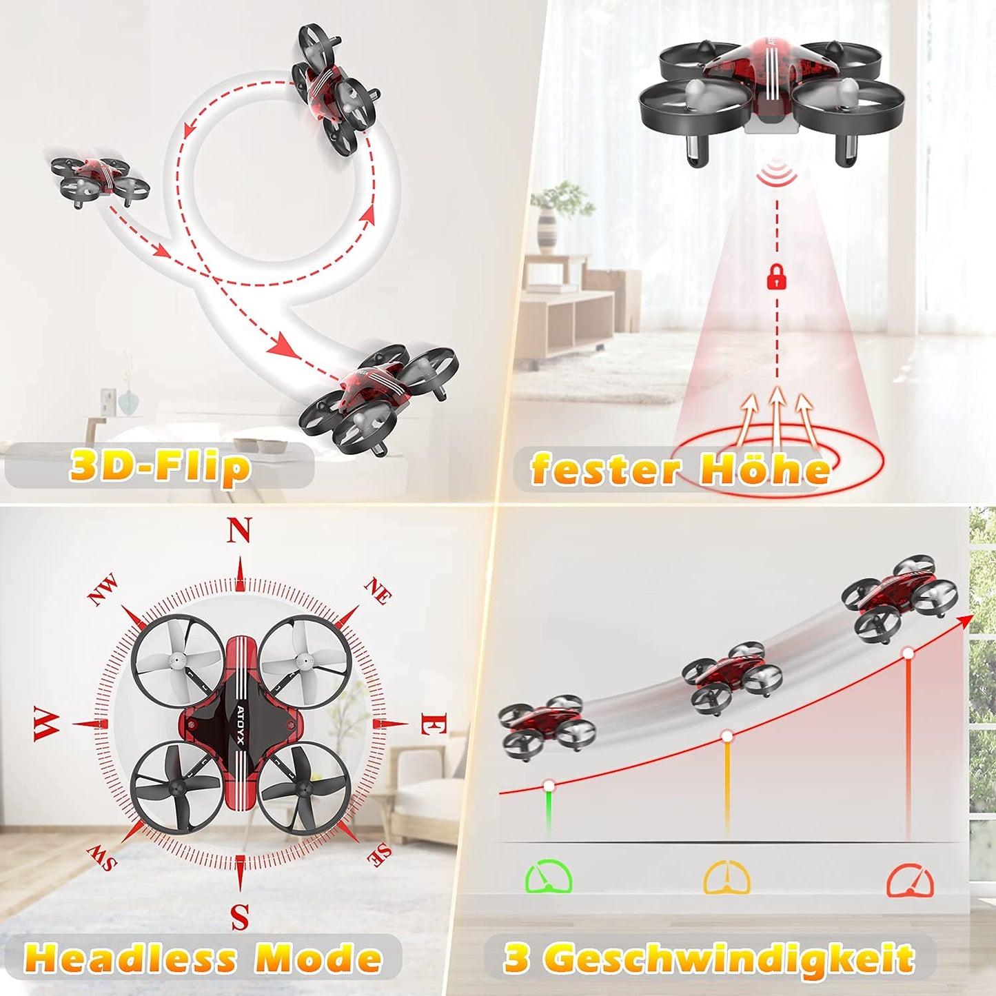 Mini Drone for Kids & Beginners, Indoor Portable Hand Operated/RC Nano Helicopter Quadcopter,Auto Hovering,3D Flips,Birthday＆ Children's Day Gift for Boys and Girls,Auto Hovering, Headless Mode & Remote Control, Red.4-blade design-ATOYX