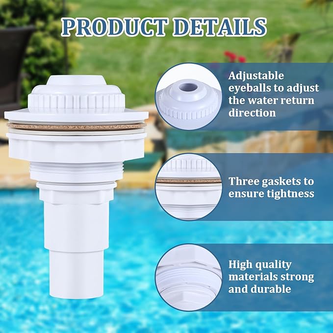 Pool Return Jet Kit with Gaskets and Adapter for Above Ground 3/4" Directional Flow Eyeball Inlet Jet with Locknut and Gasket Swimming Pool Return Jet Replacement Parts