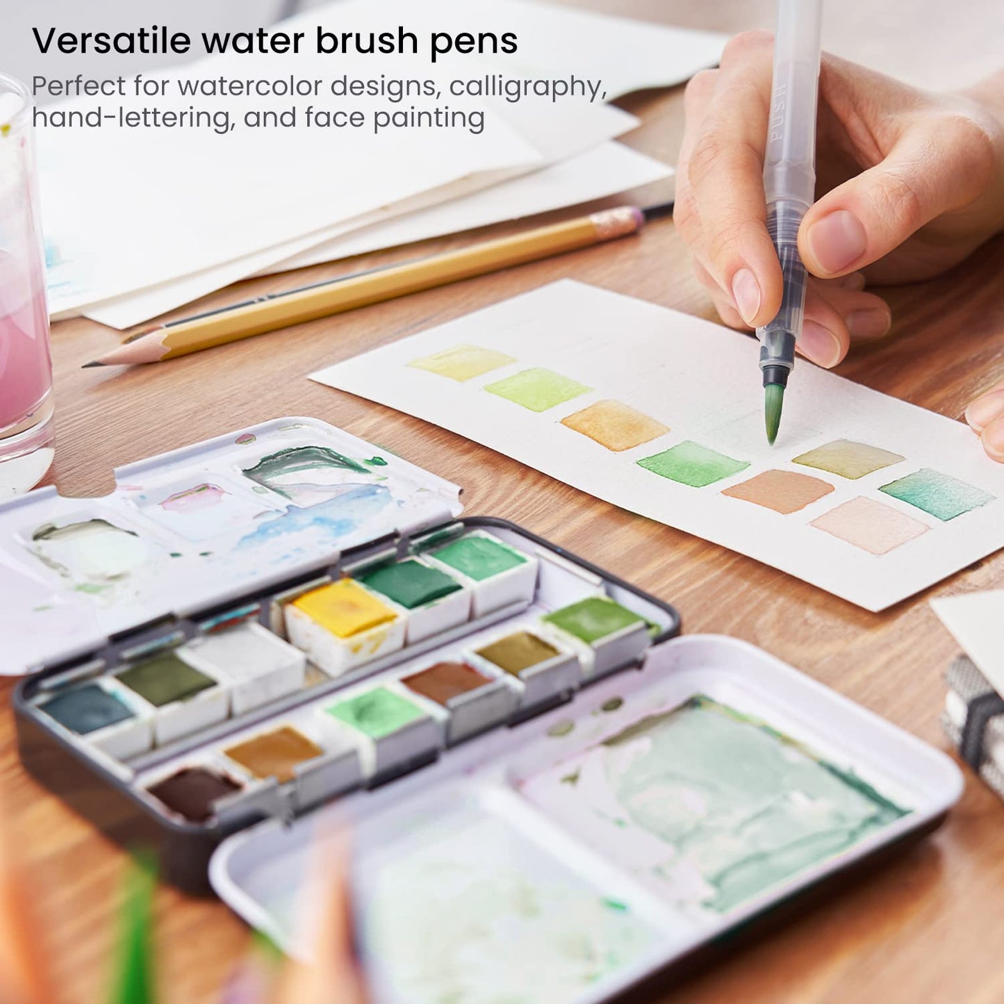 ARTEZA Water Brush Pen, 6-Piece Set, Fine, Medium & Broad Tips, Refillable Self-Moistening Brushes for Painting & Lettering