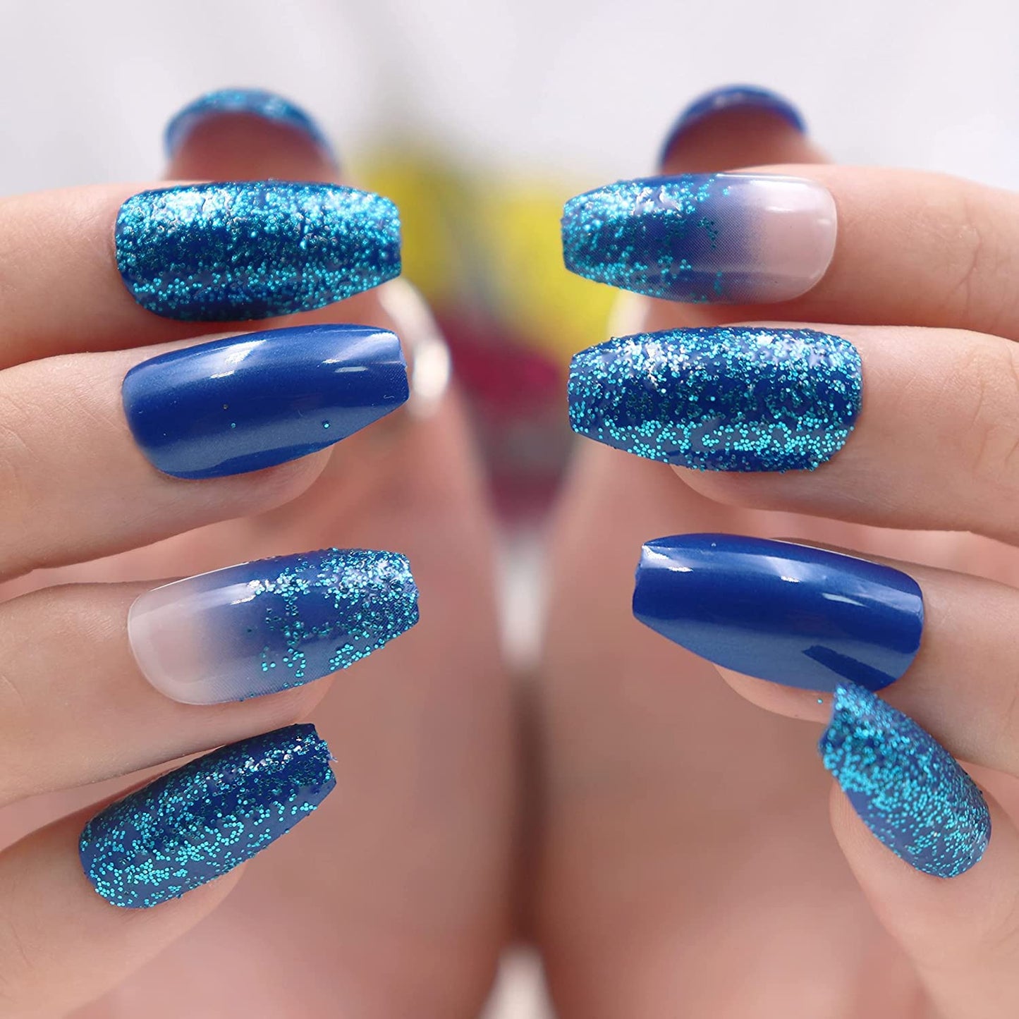 MISUD Press on Nails - Medium Coffin Glue on Nails with Blue Ombre, Acrylic Bling Glitter Design 24 pcs