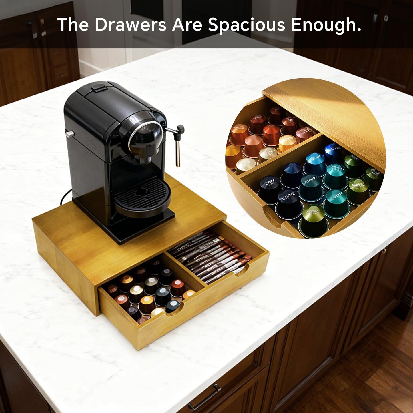 KISENG Coffee Pod 15" X 11" X 3" Natural Wood Countertop Organizer Drawer, Counter Top Espresso Tea Bag Station Storage Holder Box, Brown