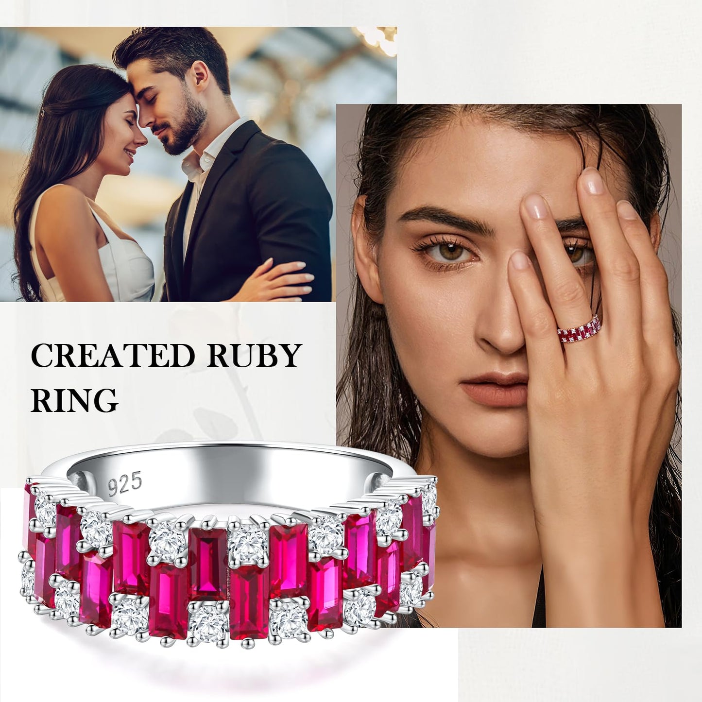 RANDES Ruby Eternity Band 925 Sterling Silver Emerald Cut Wedding Band 3ct Created Red Stone Half Eternity Rings for Women Size 9