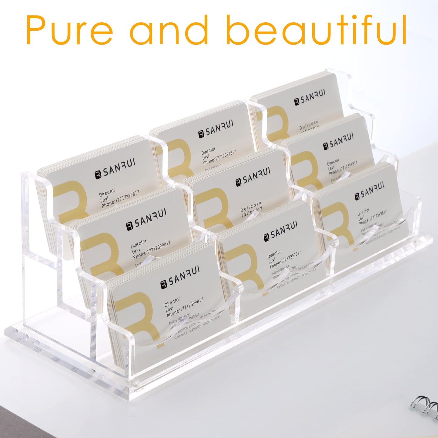 SANRUI Clear Horizontal Business Card Holder Stand for Desk, Acrylic Desktop Display Name Cards Holders Organizer Storage Rack,for Exhibition, Home, Office,3 Tier 9 Pocket, 540 Card Capacity