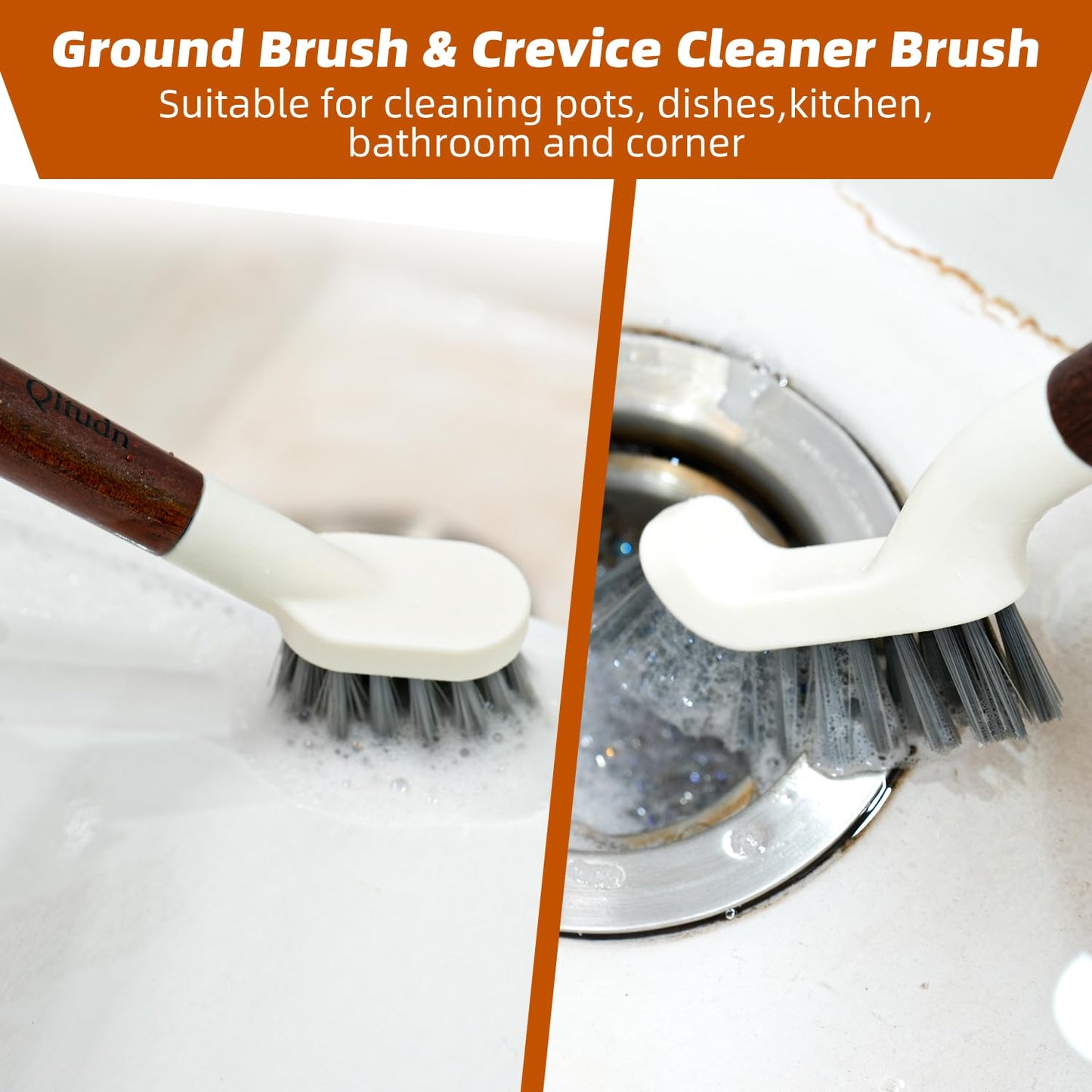 QLTUDN 4-Pack Heavy Duty Scrub Brushes with 11" Sapele Wood Handle – PBT Bristles & TPR Loop – Kitchen, Bathroom, Grout, Dish & Tile Cleaner – Durable Non-Slip Multi-Surface Cleaning Brush Set