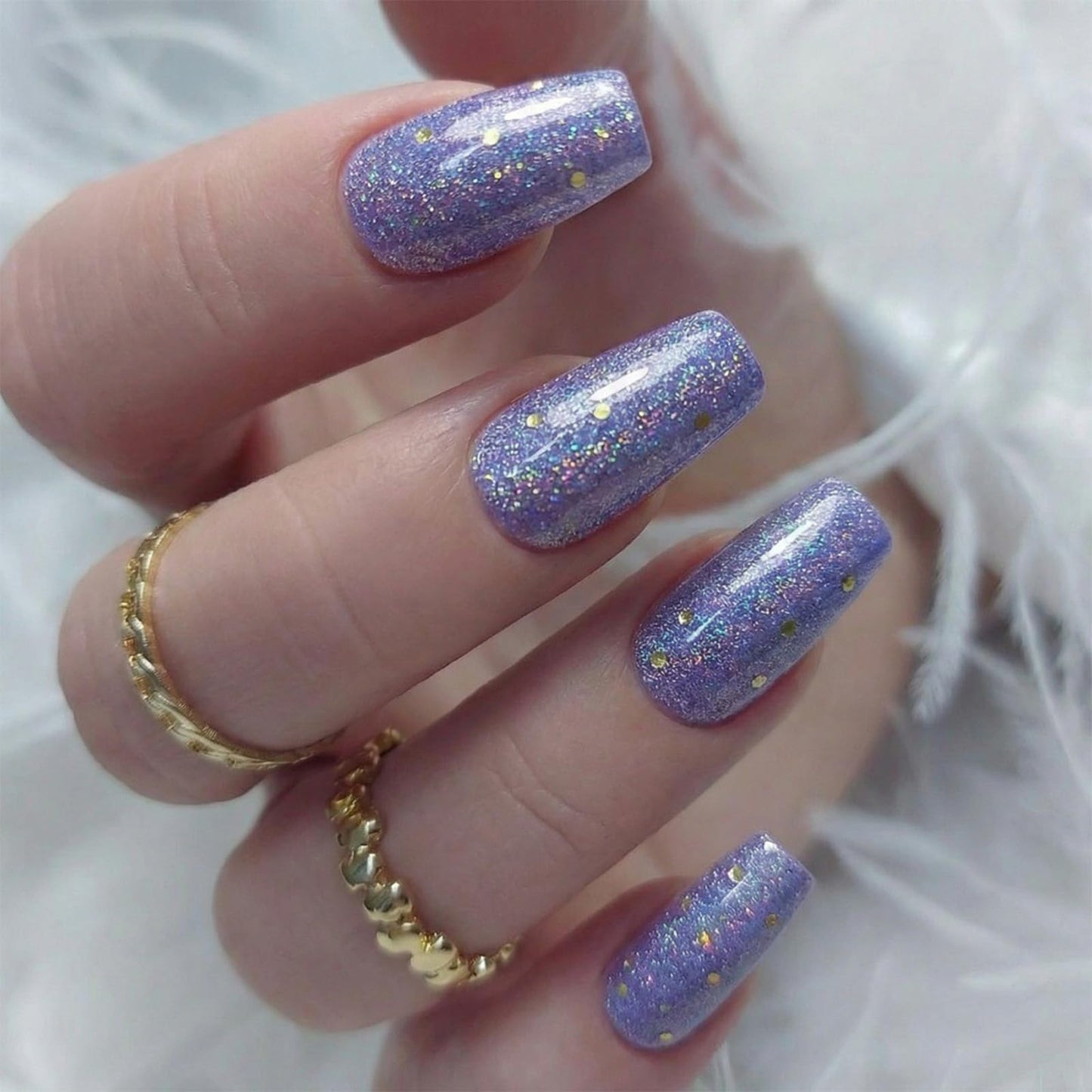SINHOT Coffin Press on Nails - Medium Fake Nails, Glossy Finish, Blue Bling Glitter, DIY Artificial False Nail Art - 24 Pcs Nail Kit with Glue