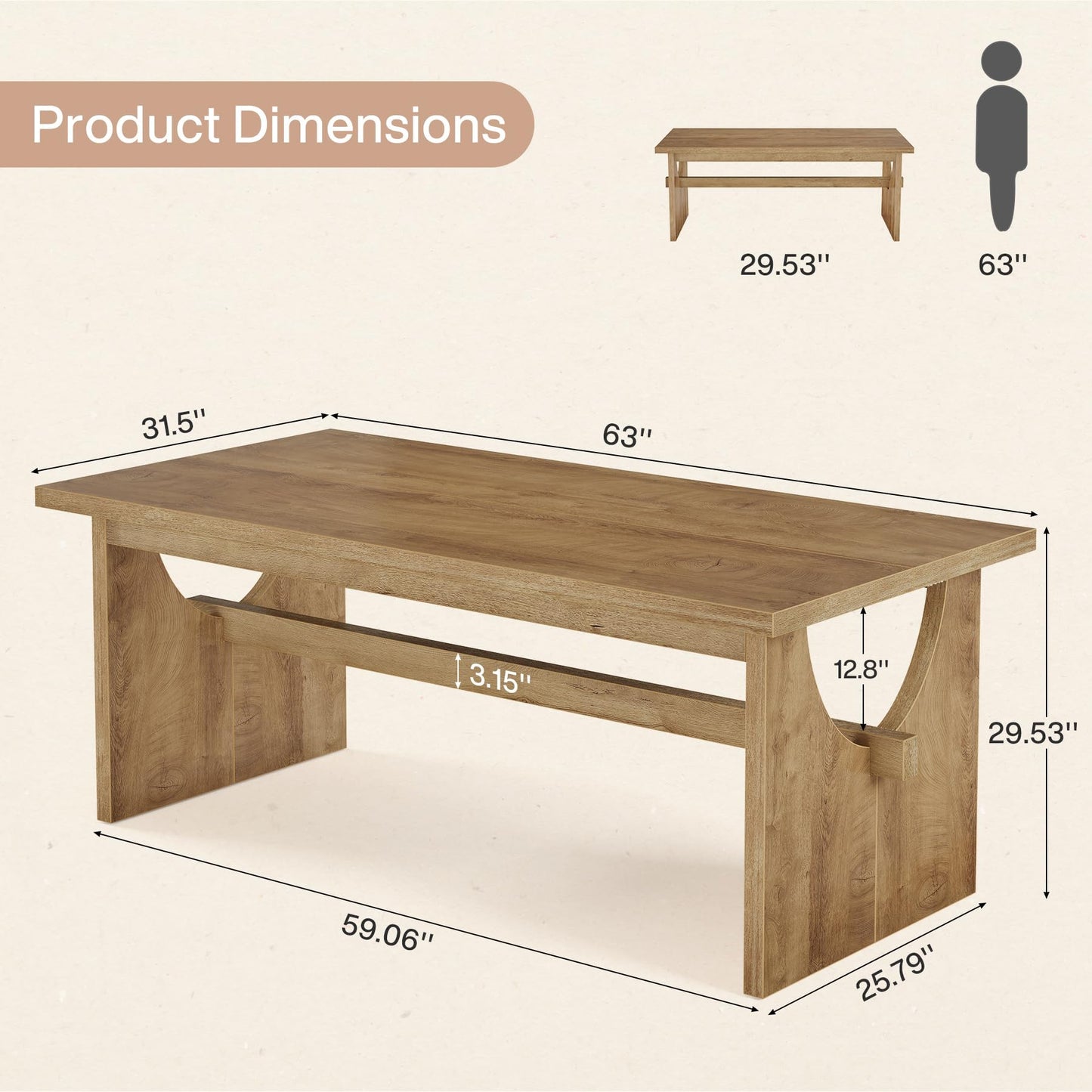 Tribesigns Farmhouse Dining Table for 4-6 People, 63" Large Rectangular Kitchen Dining Room Table with Heavy Duty Double Base for Kitchen Living Room, Rustic Brown