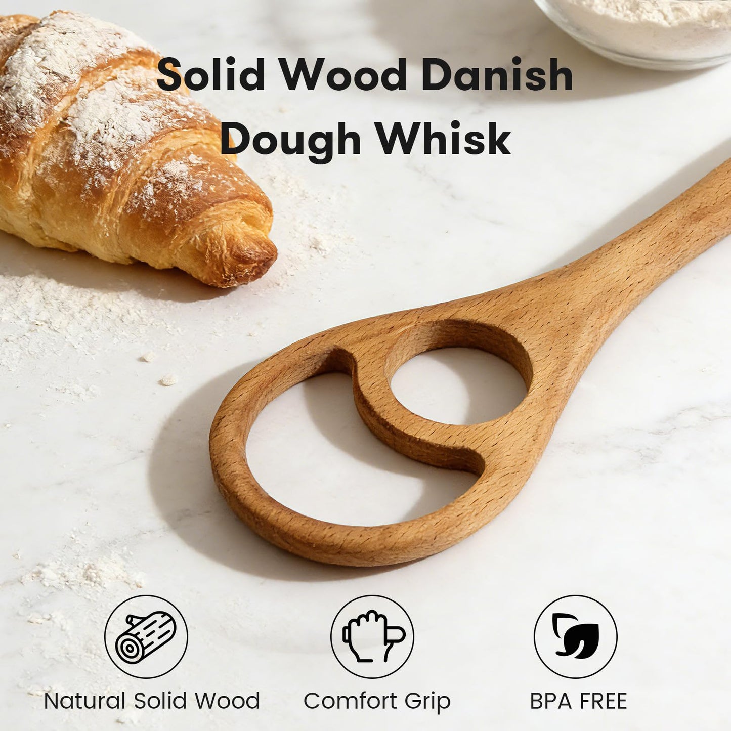 Drcomtruing Wooden Danish Dough Whisk - 12.6" Handcrafted Dutch Bread Whisk for Batter, Pizza Dough & Baking - Upgraded One-Piece Sourdough Whisk with Flow-Through Design-2 Pack
