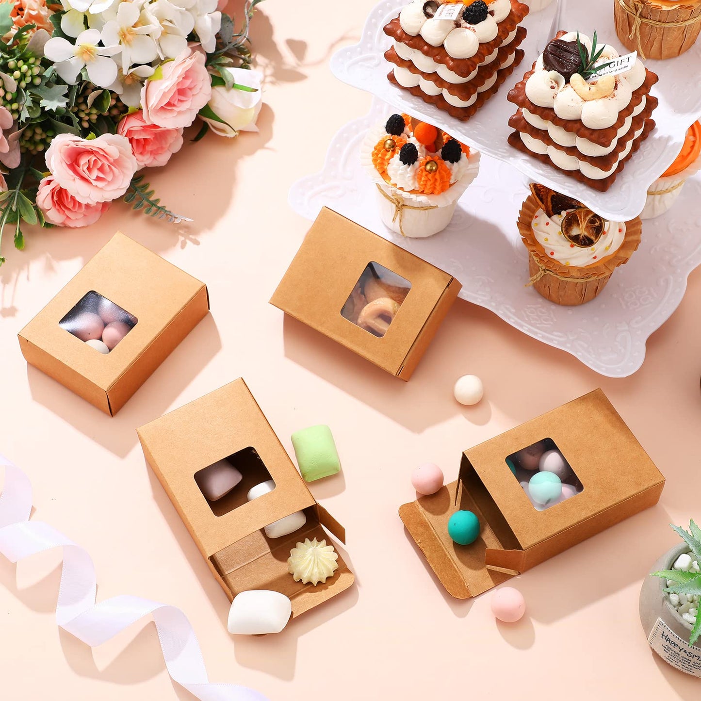 Outus 100 Pcs Soap Packaging Boxes Bulk Soap Boxes for Homemade with Window Mini Kraft Paper Container Homemade Craft Making Gift Wrappers for Cookies Candy, 3.5 x 2.6 x 1.2 Inch (Brown)