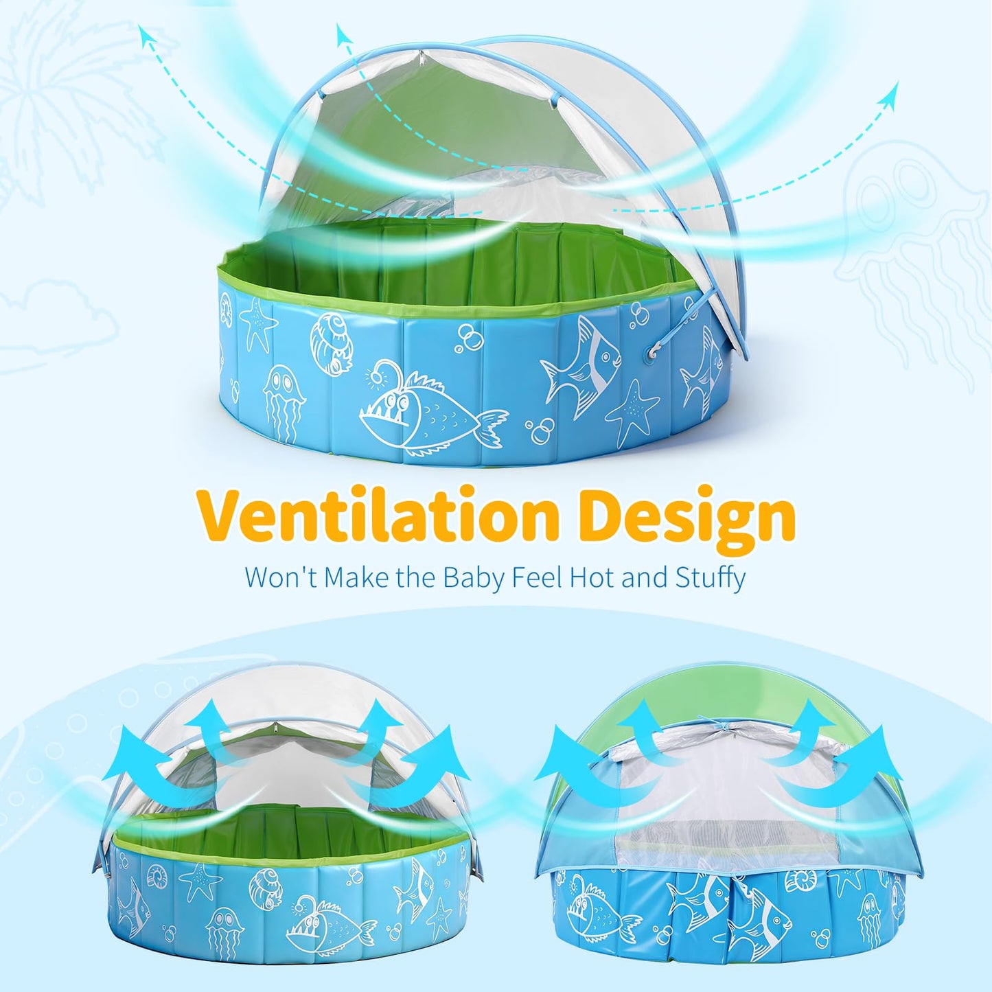 47"‌ Foldable Kiddie Pool with Canopy, Suitable for Toddlers and Babys Aged 1-5 Years, Designed for Use in Backyard, Beach, Park, Blue and Green(No Sprayer)