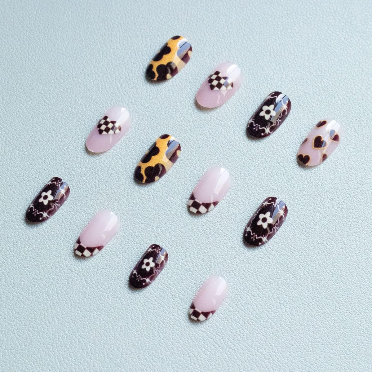 Brown Press on Nails Medium Oval Fake Nails French Tip Nails Press ons with Flower, Checkered Heart Design,Cute Reusable Artificial Nail Full Cover Stick on Nails for Women Manicure 24Pcs
