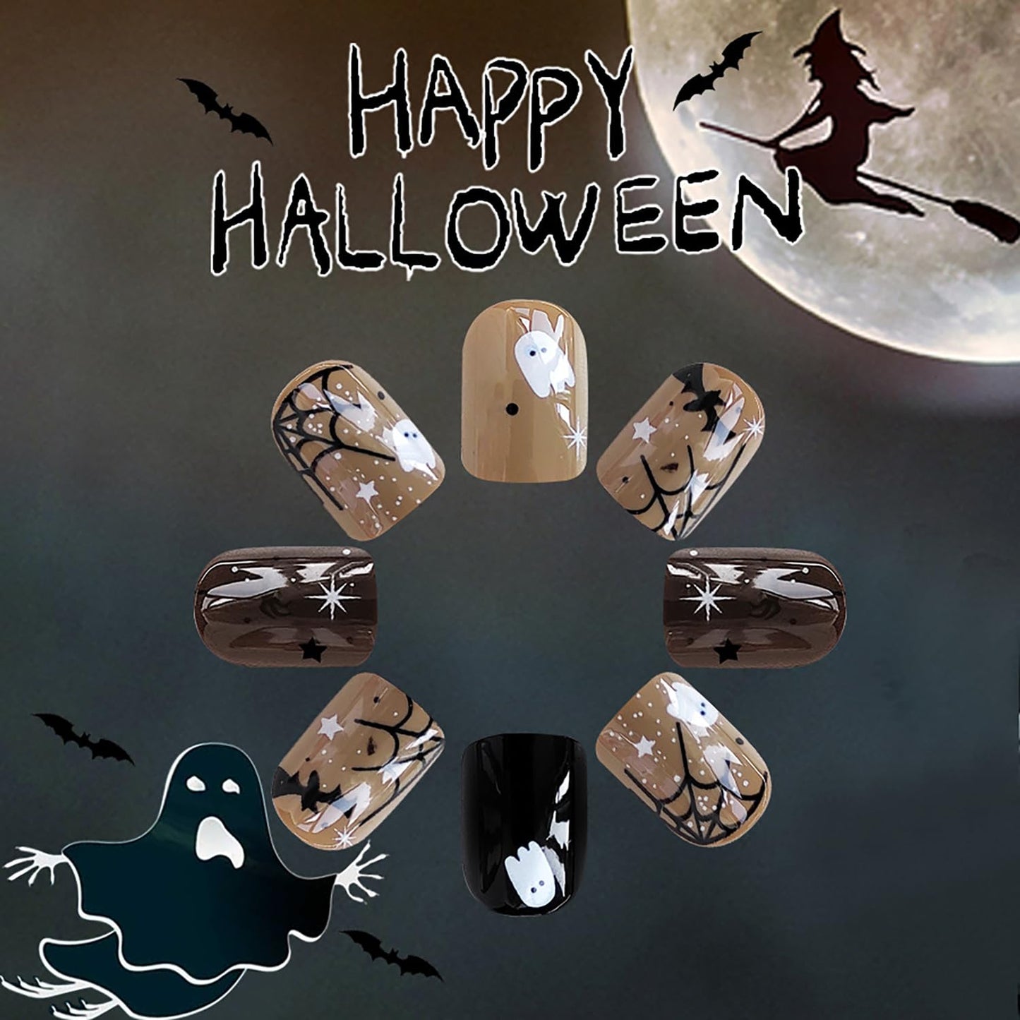 Brown Halloween Press on Nails Spider, Cobweb Stick on Nails Short Square False Nail Bat Ghost Nail Glue on Full Cover Matte Acrylic Nail Halloween Reusable Acrylic Nails for Women 24Pcs