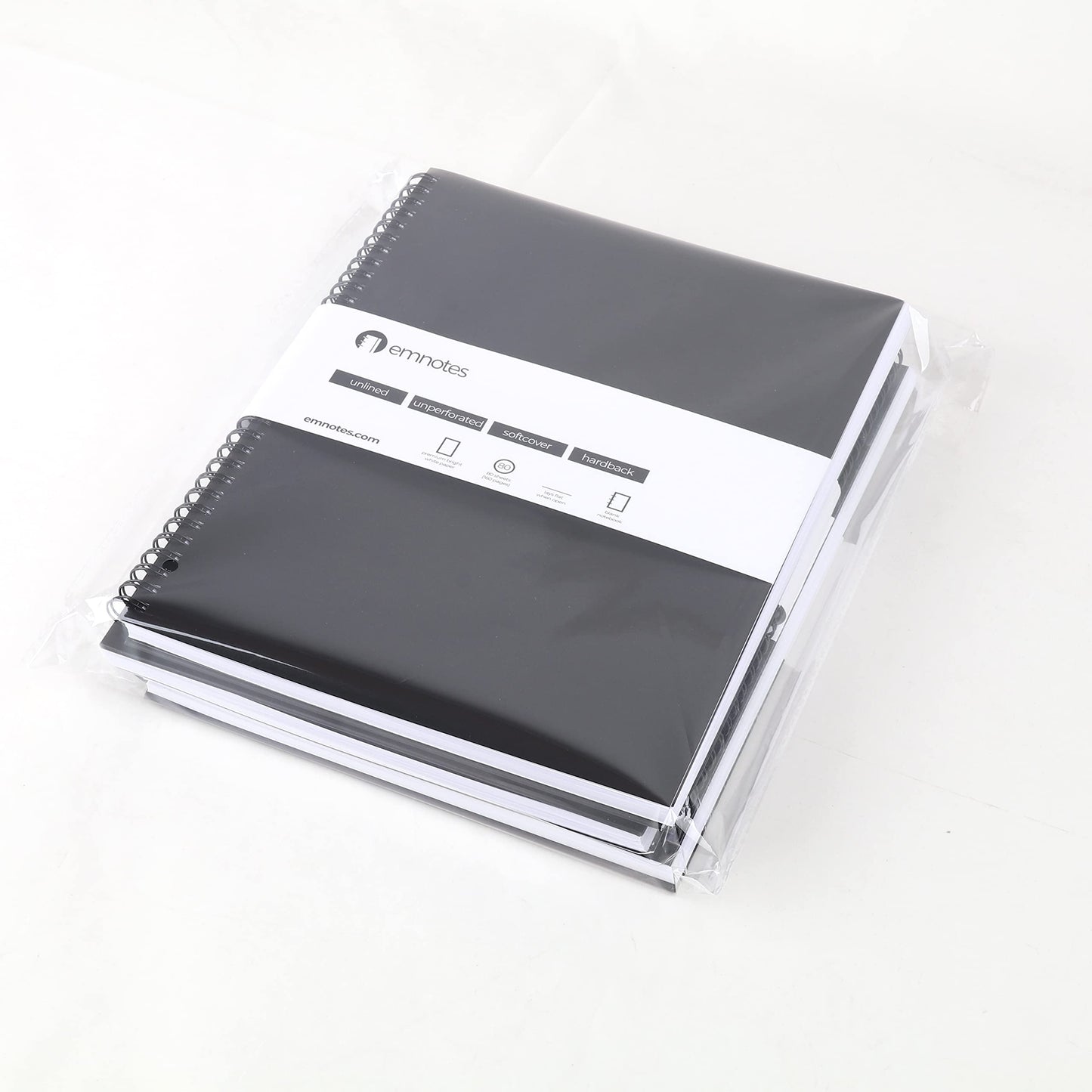 Emnotes Unruled Notebook, Unlined Blank Paper, 8.5 x 11 Inches, 80 Sheets, Black Softcover (Pack of 3)