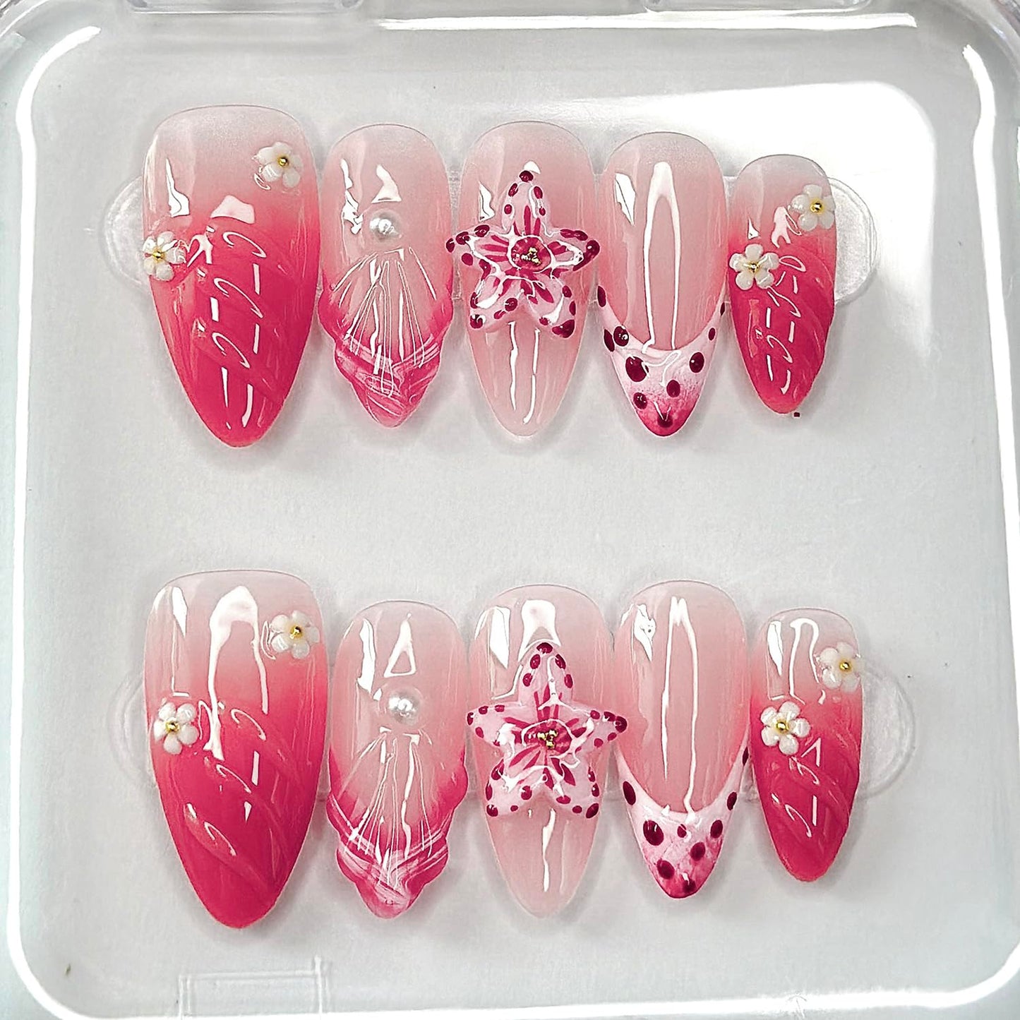 Luxury Press on Nails Medium Almond French Tip Handmade 3D Unique Reusable ABS Material Fake Nails Pink False Nails with Designs Pearls Floral Art Petal Glossy Glue on Nails Thick Acrylic Nails(M)