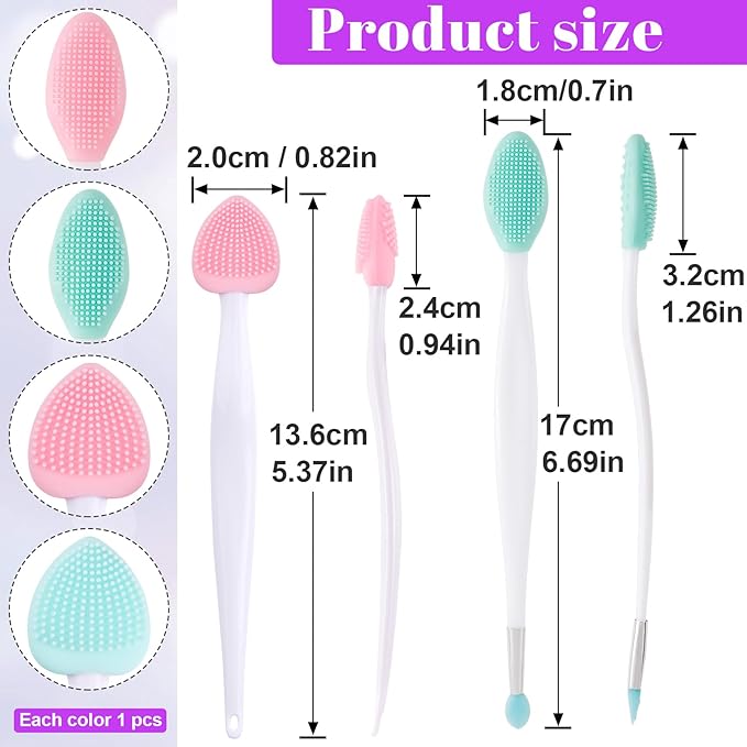 4pcs Lip Scrub Brush, Silicone Heart Lip Exfoliator Brushes Scrubber Tool, Double-Sided Oval Lip Cleaning Exfoliating Remove Dead Skin Tool for Men Women Dark Lips- Pink & Green
