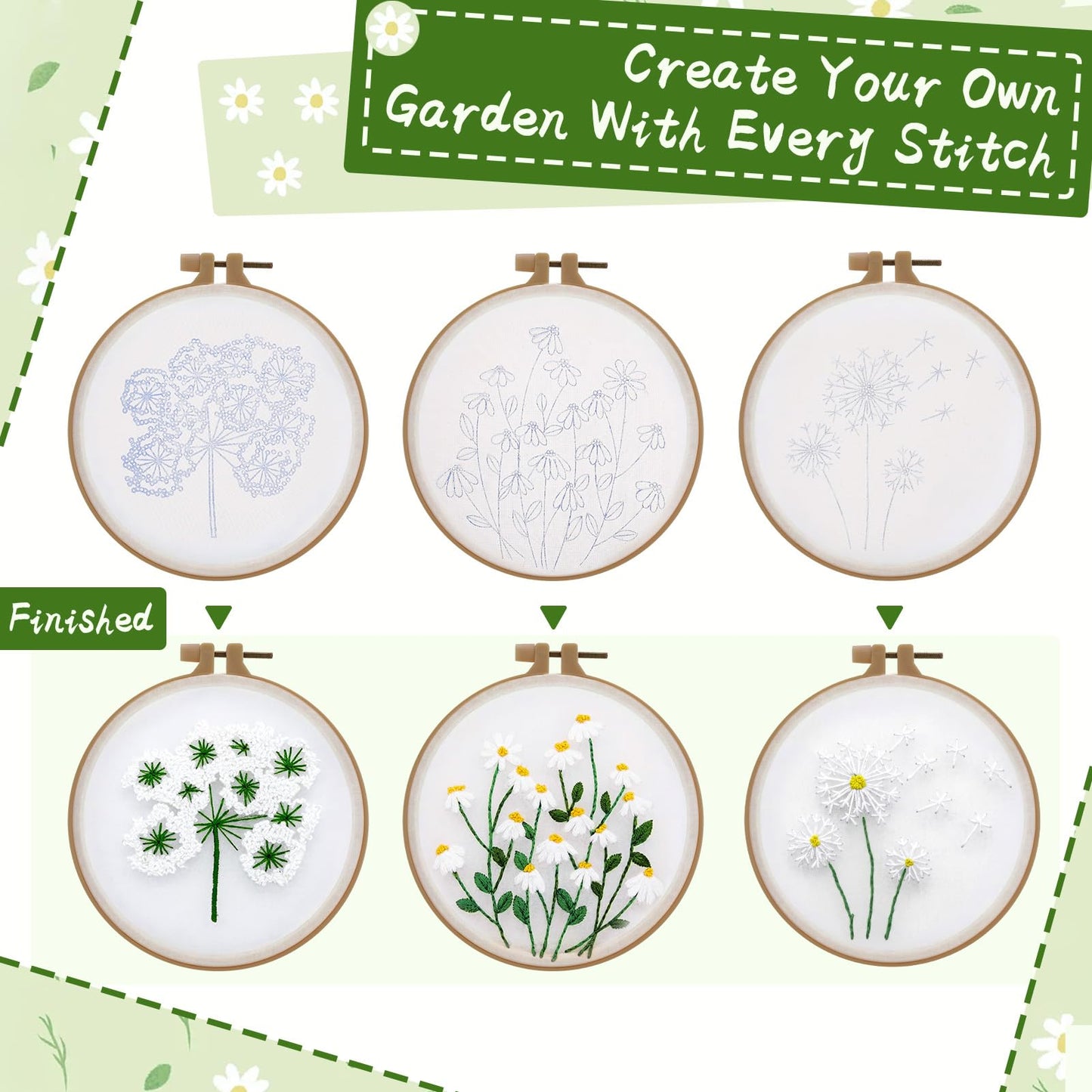 Ovveroche 3 Sets Embroidery Kit for Beginners, Flower Cross Stitch Kits for Adults, Starter, Hand Craft Lover Practice with Floral Stamped Pattern White