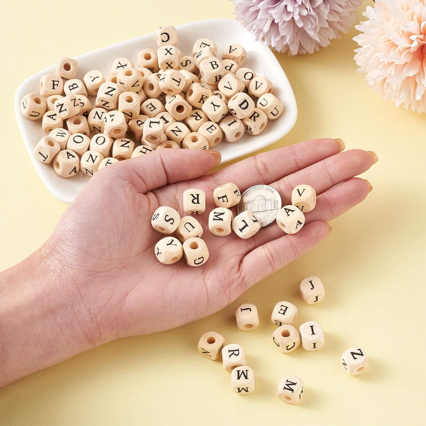 KISSITTY 520pcs/bag Cube Wood Beads with Initial 26 Letters 10mm Natural Square Alphabet Wooden Loose Beads for Jewelry DIY Crafts Making PapayaWhip