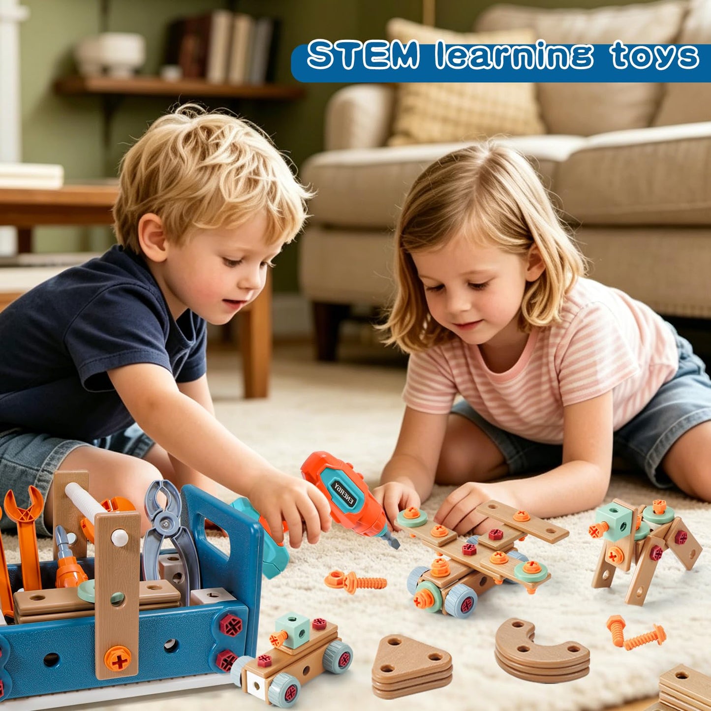 VEAIS Kids Tool Set with Drill,120Pcs Toddler Tool Set with ToolBench,Montessori Toy for 2+Year Old,Educational STEM Construction Toys for Ages 2-4,Pretend Play Toddler Toys 3-5 Year Old Birthday Gift