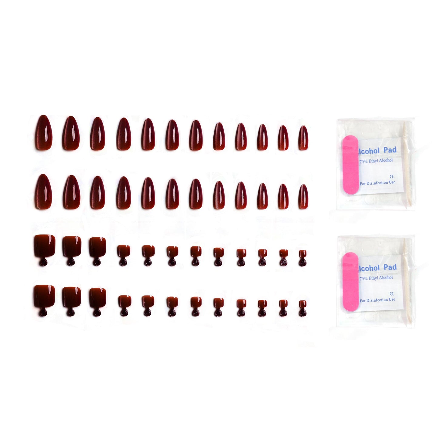 YTETUOE Press On Nails, 48pcs Hands and Feet Full Set Kit with Gel DIY Tools, Burgundy Style, Salon-Quality Fake Nails Tip