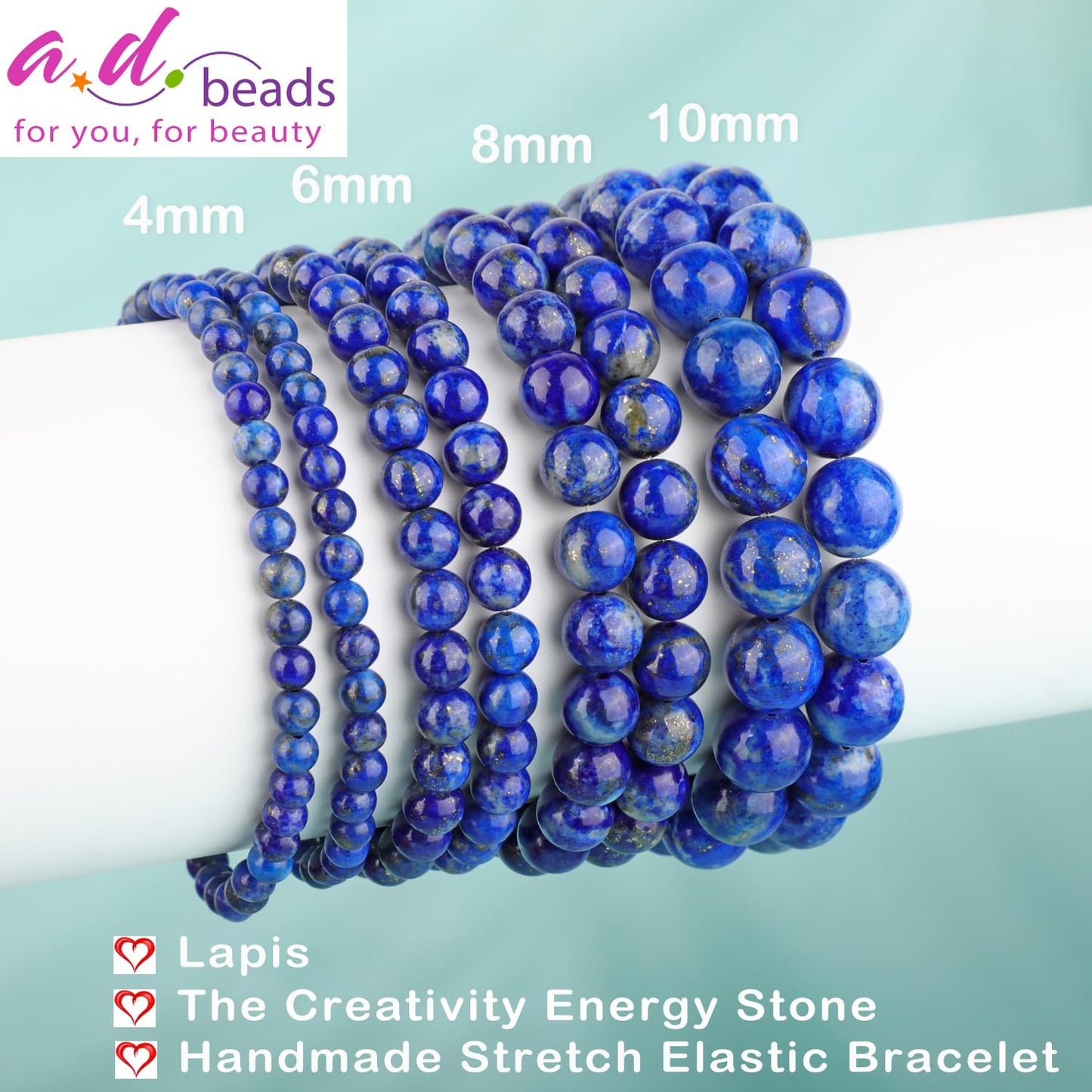 AD Beads 6mm Handmade Lapis Elastic Bracelet – Natural Gemstone for Profession Success – Meditation, Yoga, Healing and Energy Gift for Men Women