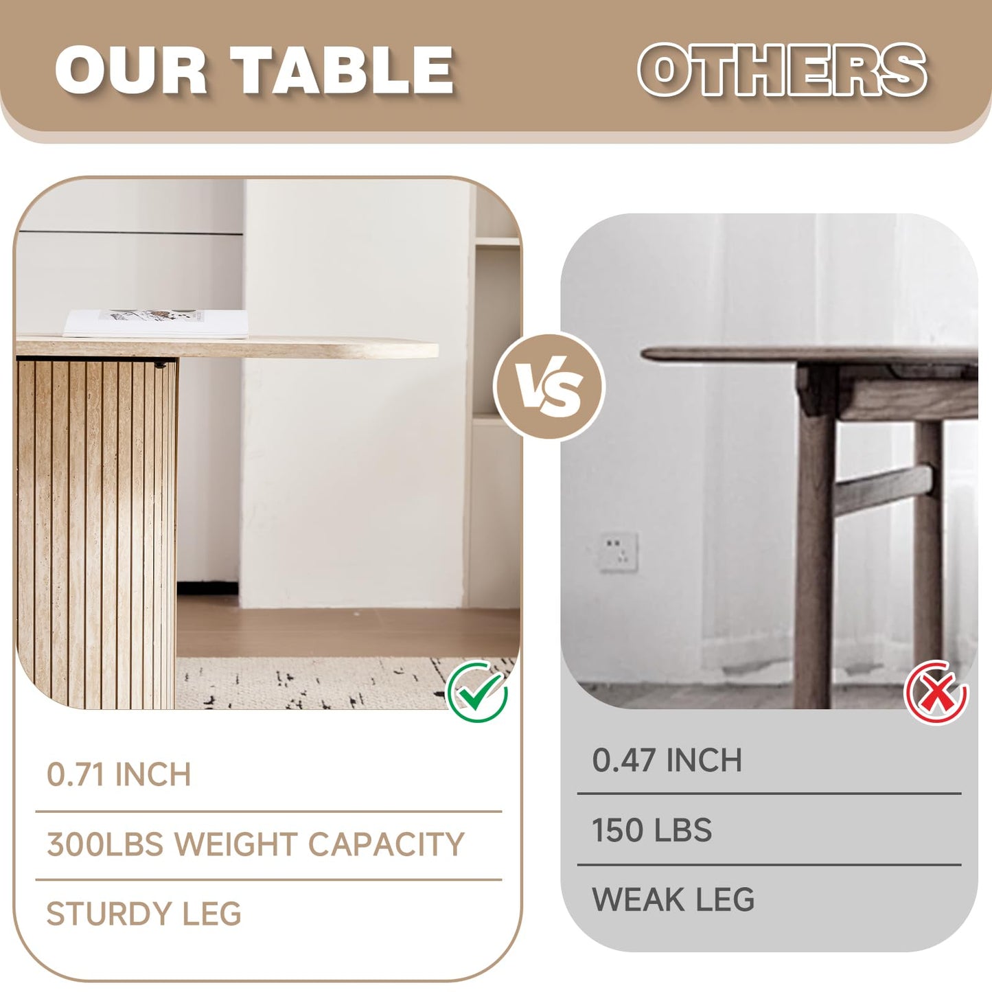 63" Inch Modern Oval Dining Table with Rounded Corners & Wood Strip Pedestal Base, Kitchen Table for Dining Room, Beige Stone Patterned(Table Only)