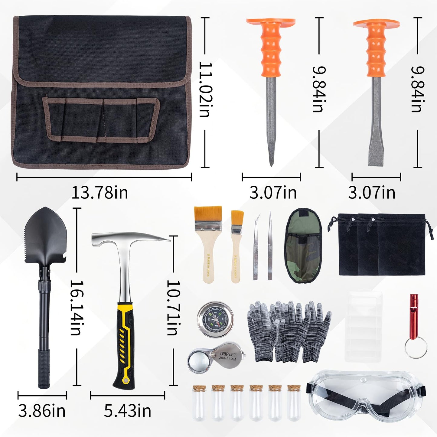 DigNew Geology Rock Pick Hammer Kit – 25PCS Rock Hammer Kit, Complete Geology Kit with Chisels,Folding Shovel, Safety Gear,Gold Panning Kit Accessories, Rock Hounding Equipment for Outdoor Exploration