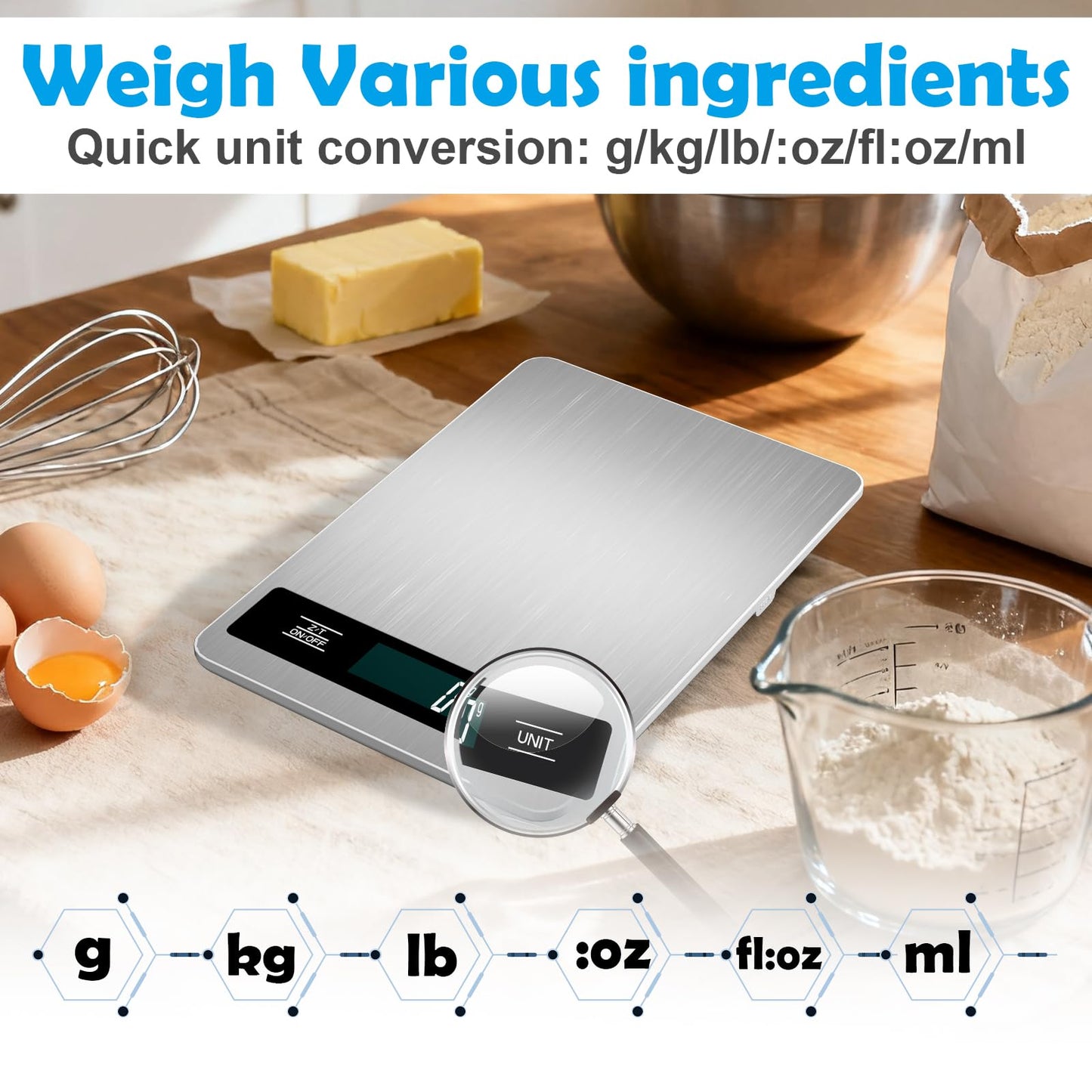 Food Digital Scale 33lb Kitchen Digital Scale Grams and Ounces for Weight Loss Baking Cooking Keto and Meal Prep Backlight LCD Smart Tare Waterproof 304 Stainless Steel