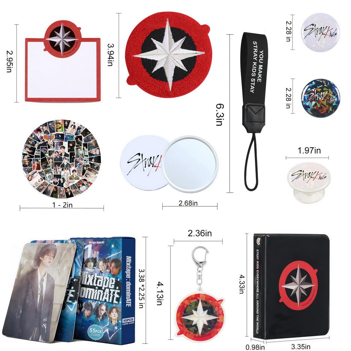 X9H8N9 Skz Merch Stray Fans Gifts Set,Including Photocards, Stickers,Photocards Binder, Coaster,Lanyard,Sticky Notes,Keychain, Pins,Mirror