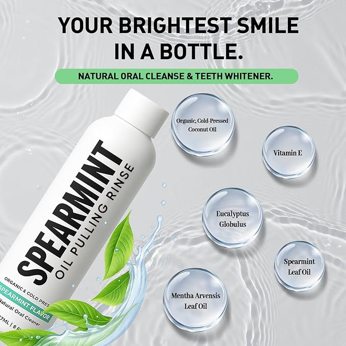 Spearmint Oil Pulling Rinse – with Organic Cold-Pressed Coconut Oil ＆ Mentha Haplocalyx Oil, Natural Mouthwash for Fresh Breath, Healthy Gums & Teeth Whitening, 8 fl oz (2)