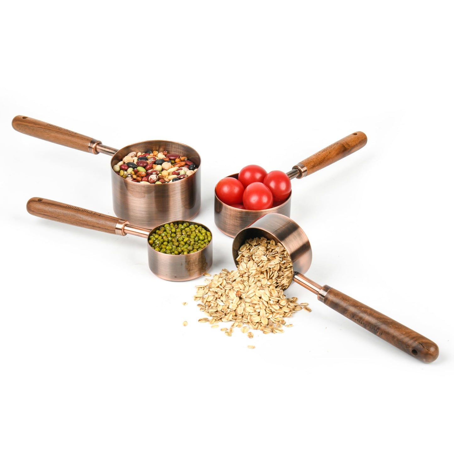 Smithcraft Copper Measuring Cups & Spoons Set 8, Stainless Steel Measuring Cups and Spoons Set for Baking and Kitchen, Metric & US Metal Measure Cup & Spoon with Wood Handle for Dry & Liquid