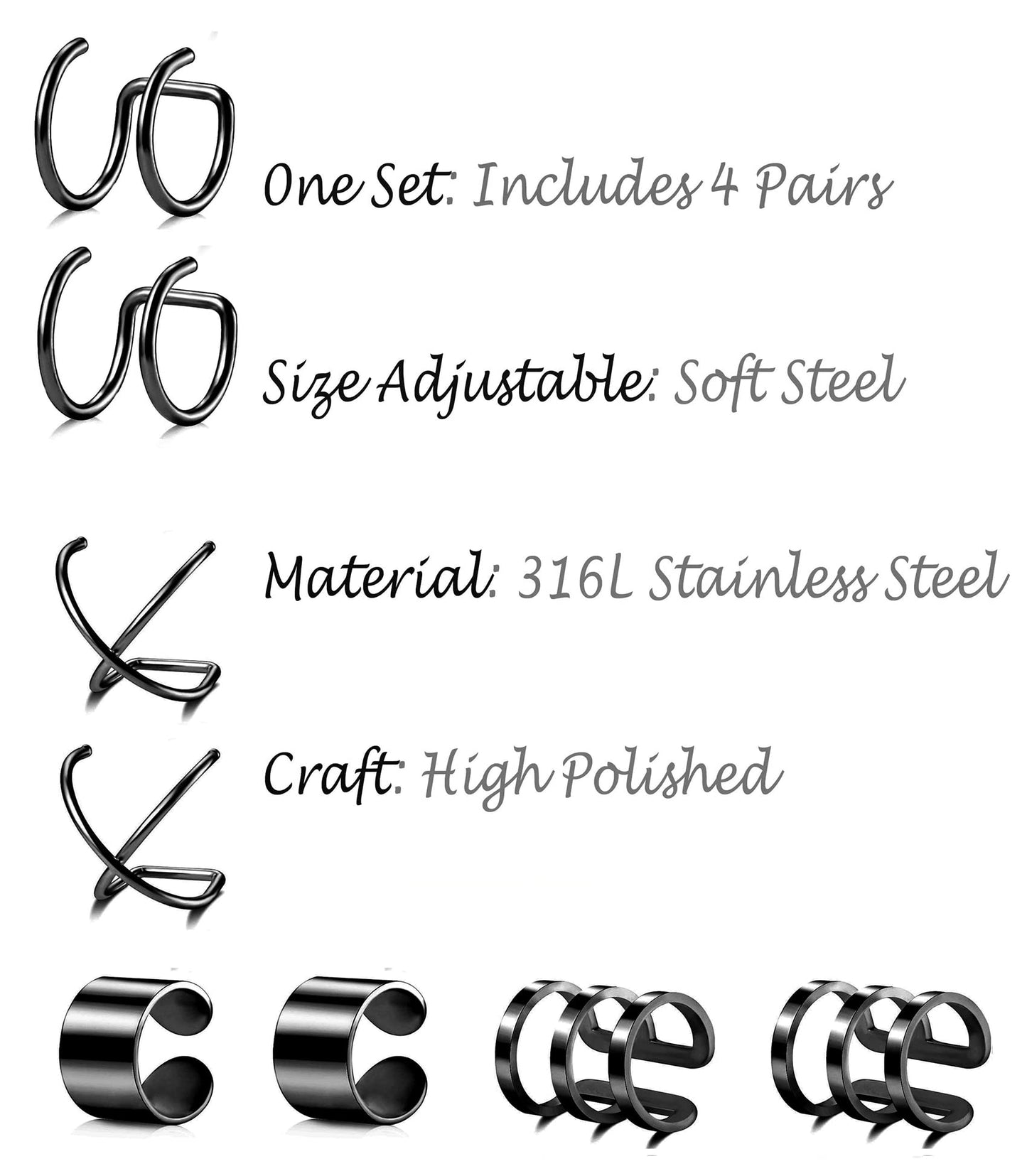 Tornito 4-10 Pairs Stainless Steel Ear Cuff Helix Cartilage Clip On Wrap Earrings Fake Nose Ring Non-Piercing Adjustable (E1:4 Pairs, Black Tone)