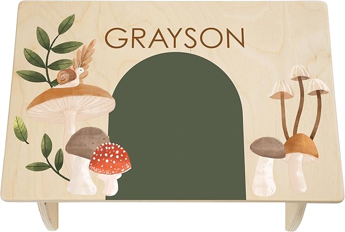 Step Stool for Toddlers- Personalized Wood Kids Step Stool with Name for Kitchen Sink, Bathroom, Potty Training, Toilet, Kitchen Sink- Sturdy and Safe- Made in USA by BloomOwl (Mushroom)