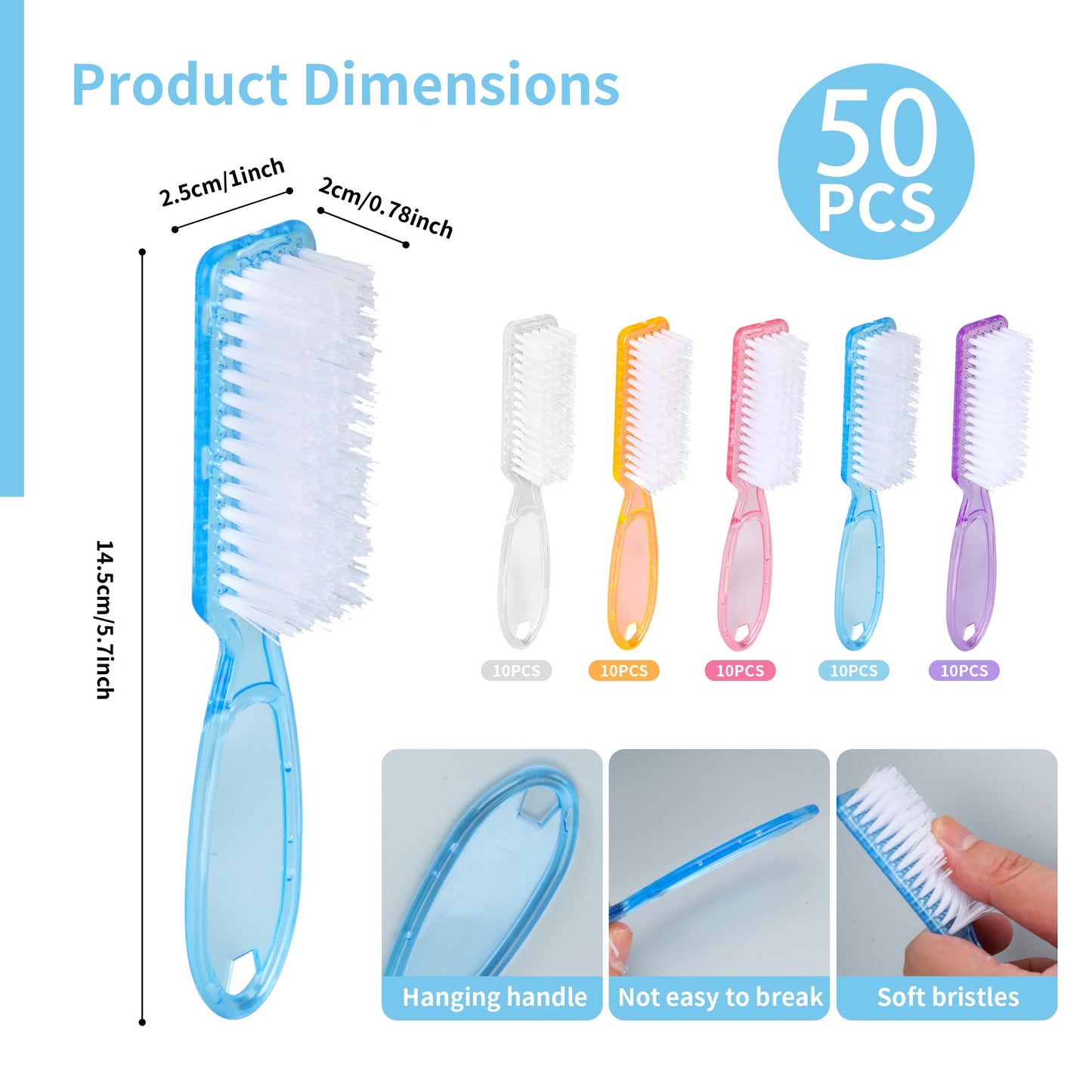 Axigundaone 50 Pcs Handle Grip Nail Brushes Bulk, Hand Fingernail Cleaning Manicure Brush, Multicolor Nail Scrub Brushes for Toes and Fingernail Cleaning (5 Colors)