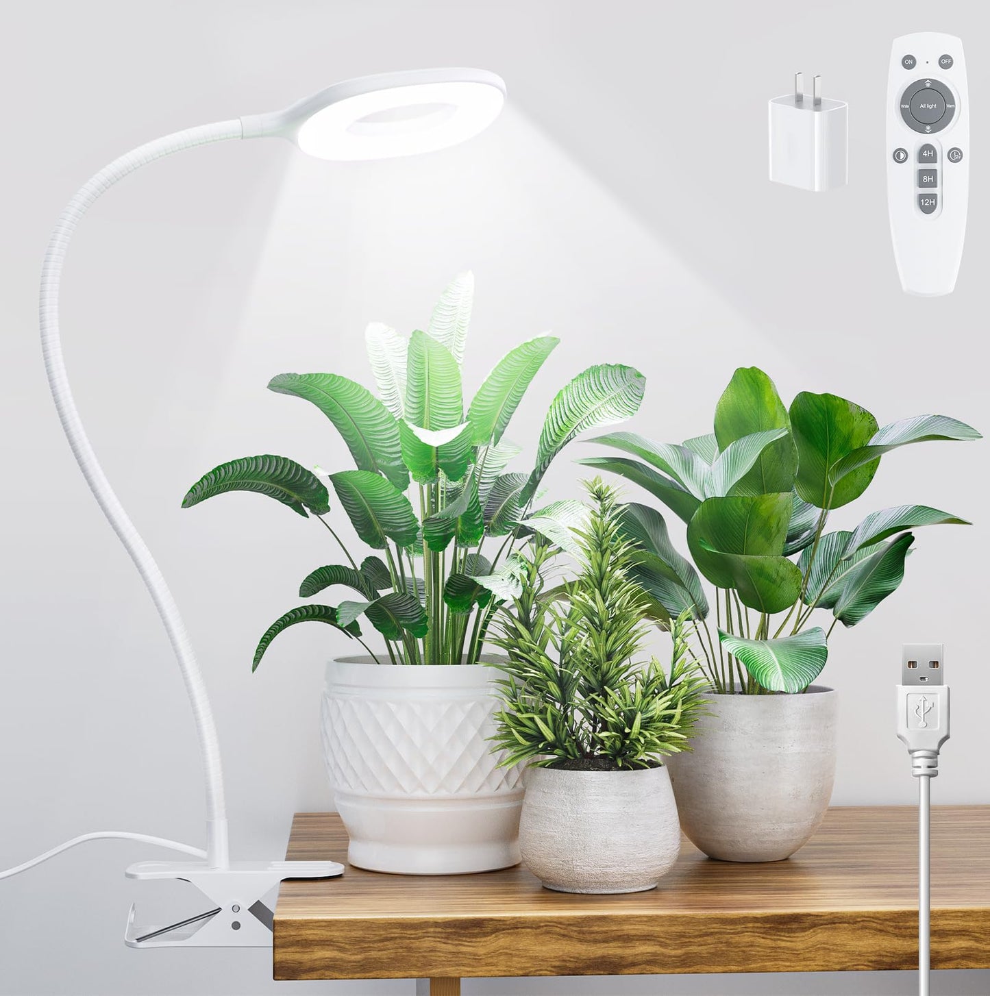 POBOMVOM Full Spectrum Grow Lights for Indoor Plants, Clip On Plant Lights for Indoor Growing with 4/8/12H Timer, 3 Light Modes, 10 Dimmable Levels, Adjustable Gooseneck, Remote Control
