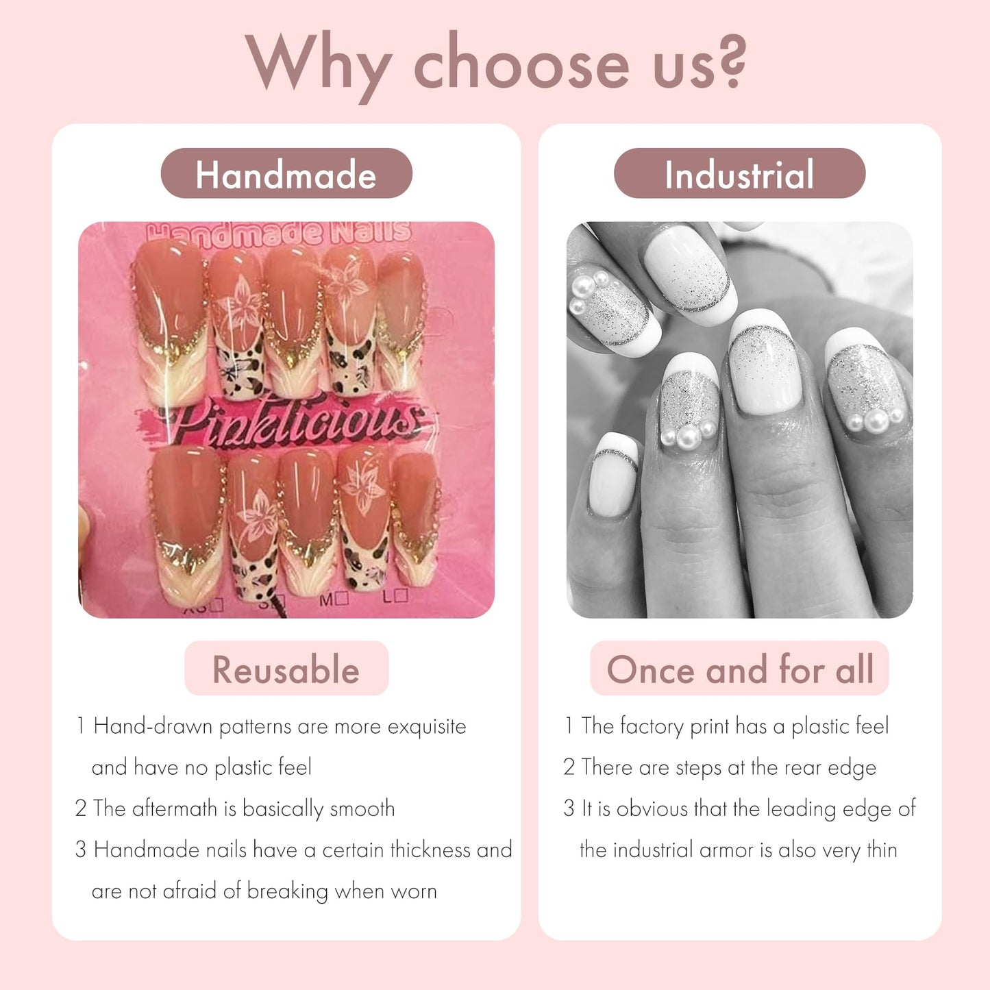 Pinklicious Handmade Pink French Tip Press On Nails, Long Reusable False Nails with Glitter Accent, Floral & Leopard Print Decorative Fake Nails for Women (L)