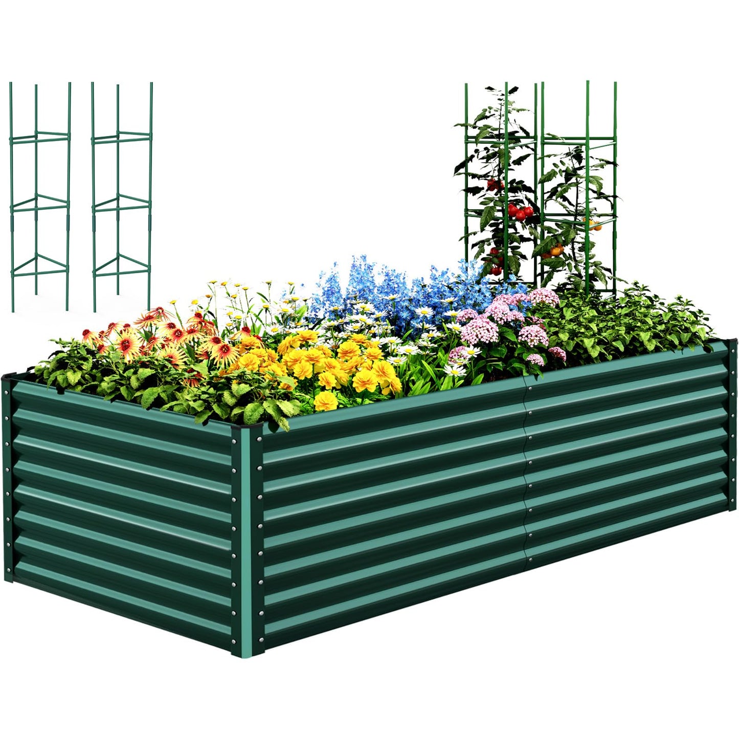 Quictent Galvanized Raised Garden Bed 8x4x2 Ft Tall Metal Planter Box for Vegetables Outdoor Bottomless for Backyard, 2 Tomato Cages Included, 22.04" Deep (Green)