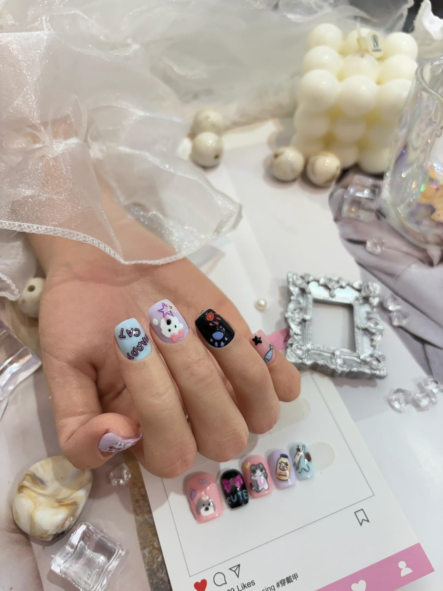 SIMAYKUWA Cute Style Japanese Inspired Embossed Cute Dogs Adorable Cats Tanuki DIY Nail Stickers - Everyday Nail Art Decorations A Set of 4 Sheets