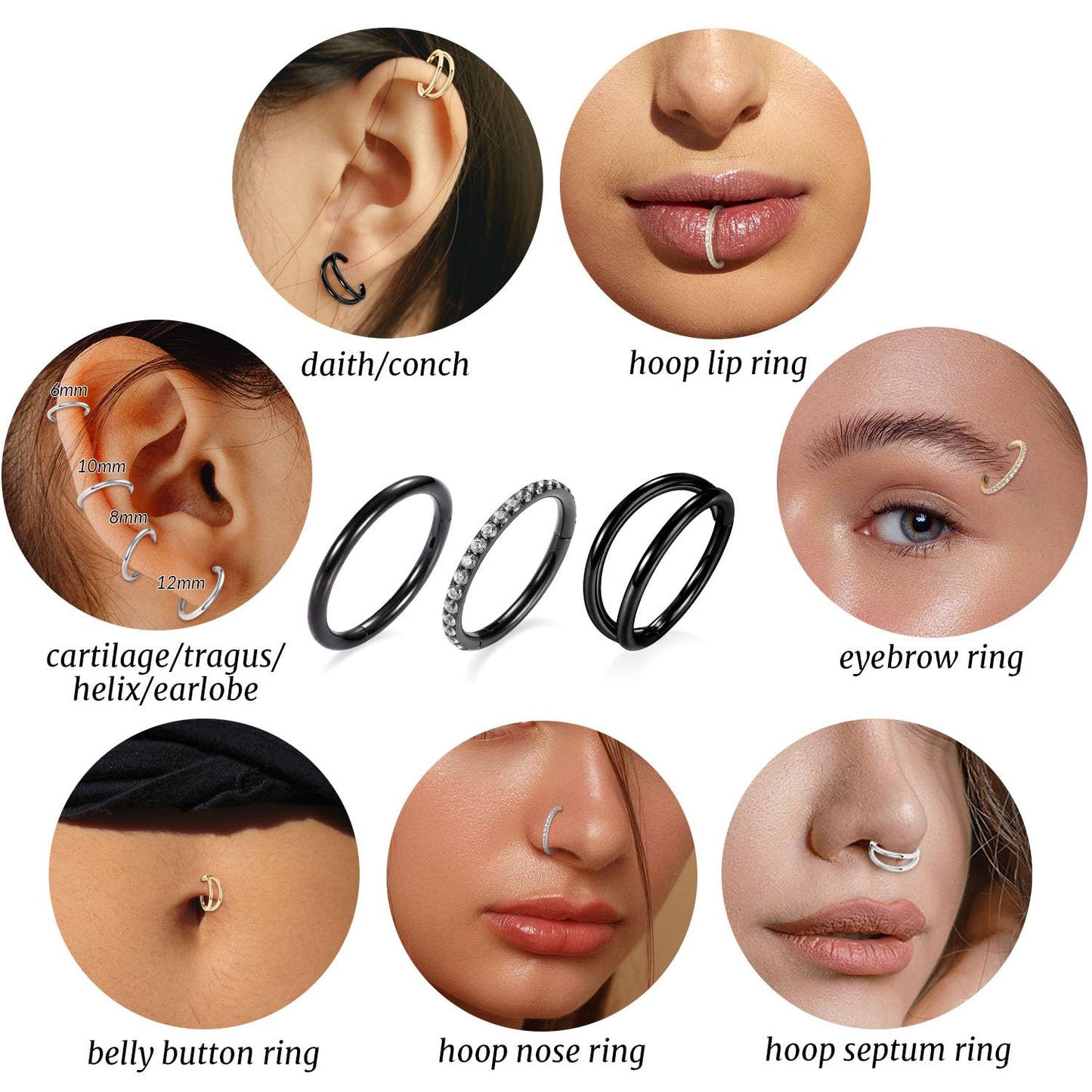 GAGABODY Conch Piercing Jewelry Nose Ring Hoop Earrings 20g Nose Hoop Black 6mm Septum Jewelry Surgical Steel Septum Ring with CZ Septum Clicker Lip Rings Helix Earring Double Hoop Cartilage Earring