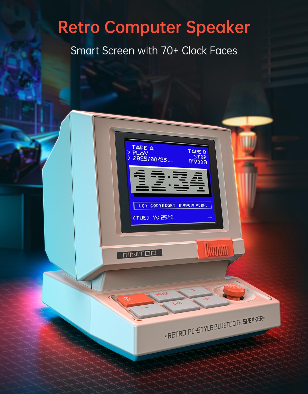 Divoom MiniToo Retro PC-Style Computer Speaker, Smart Pixel Screen with DIY Faces, Bluetooth & USB Audio, Alarm/White Noise Clock, Desk Setup Gift for Bedroom, Office & Gaming