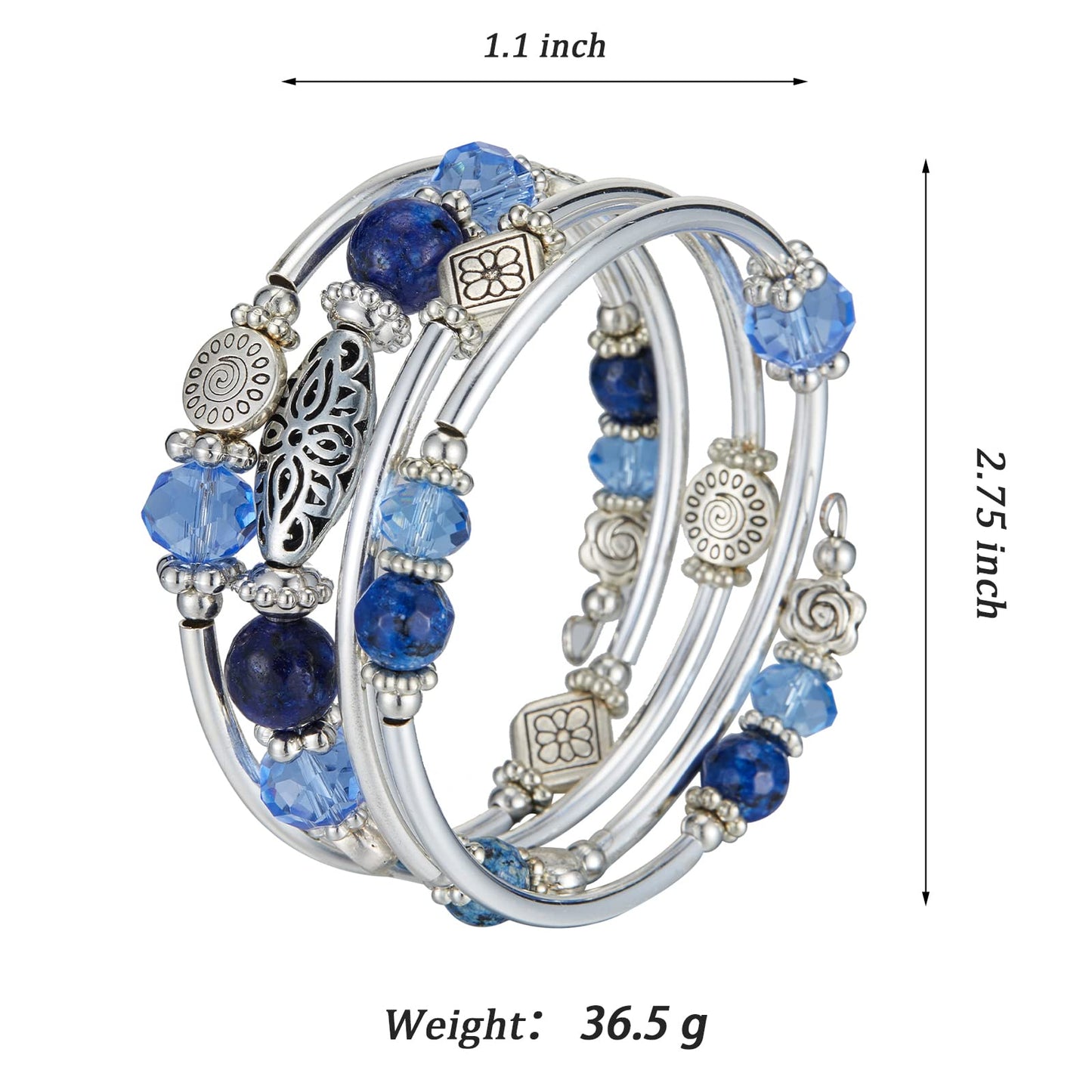 FULU AUTUMN Stackable Beaded Bracelets for Women Boho Wrap Silver Bracelet Layered Fashion Jewelry Gifts for Her(Sapphire)