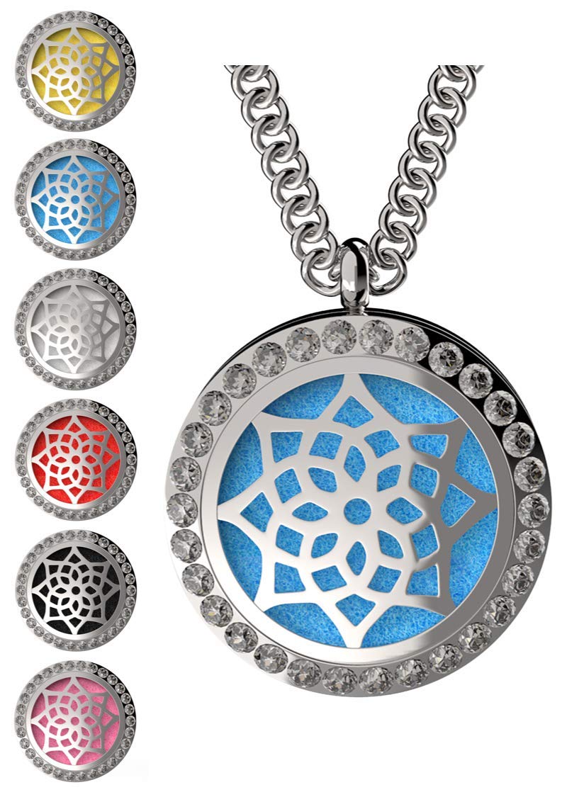 Wild Essentials Cubic Zirconia Flower Essential Oil Diffuser Necklace, Stainless Steel Locket Pendant with 24 inch Chain, 12 Color Refill Pads, Customizable Color Changing Perfume Jewelry Aromatherapy