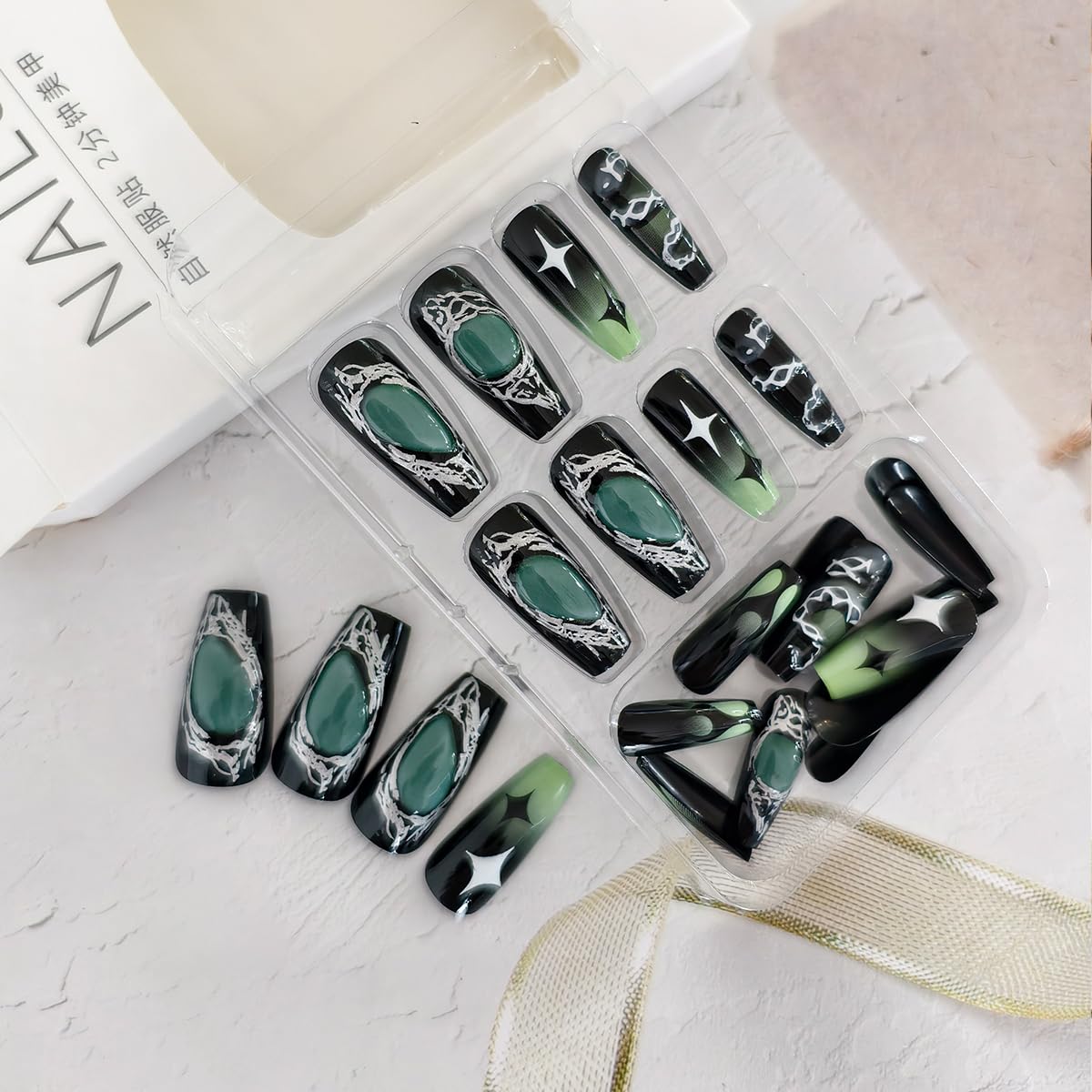 24Pcs Gothic Press on Nails Medium Coffin Fake Nails 3D Y2K False Nail with Star Irregular Silver Designs Black Green Gradient Glue on Nails Silver Metal Nail Tips Full Cover Dark Stick on Nail Set