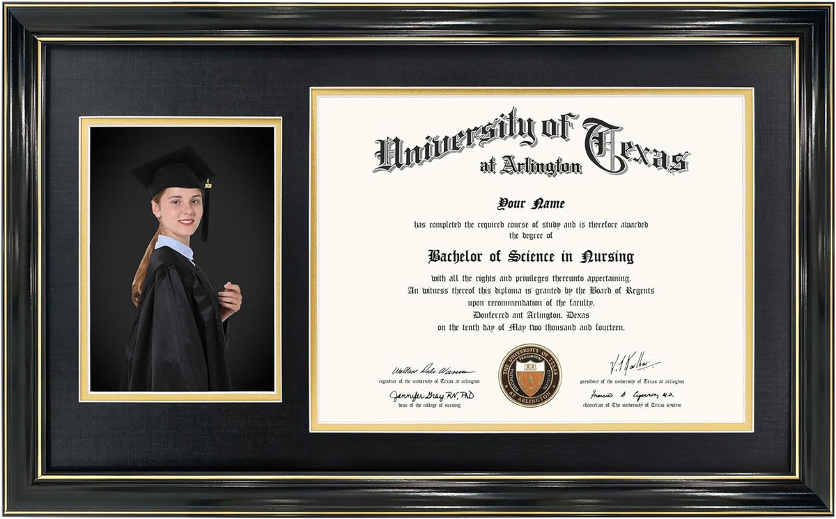 GraduationMall 11x19 Black Diploma and Photo Frame for 8.5x11 Certificate,5x7 Picture,Tempered Glass,Black over Gold Double Mat